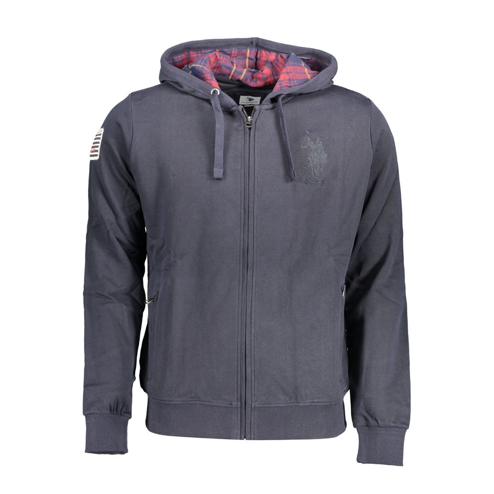 "Blue Cotton Men Sweater with Embroidered Zip and Pockets"