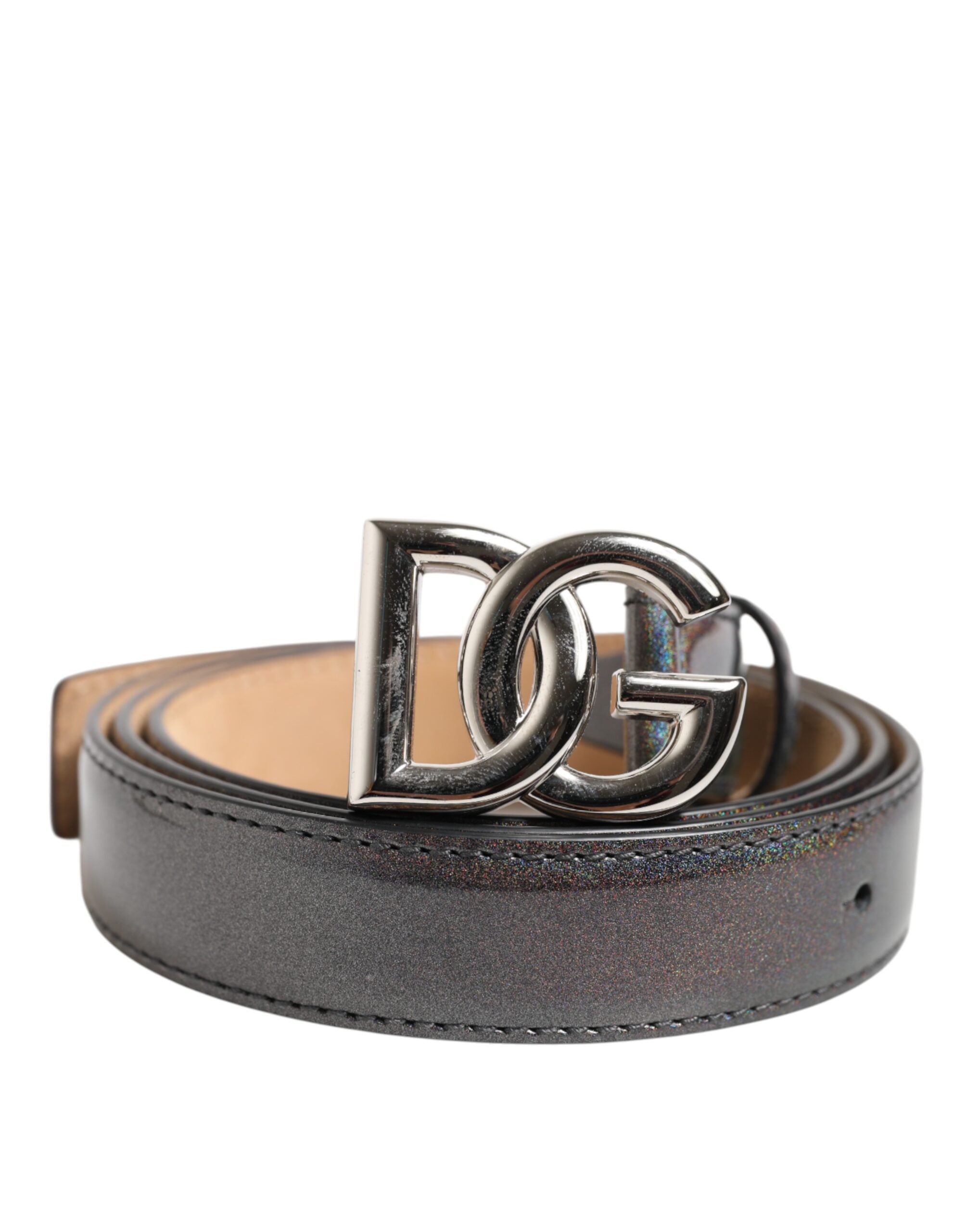 Metallic Leather Silver Tone Logo Buckle Belt - ventzia