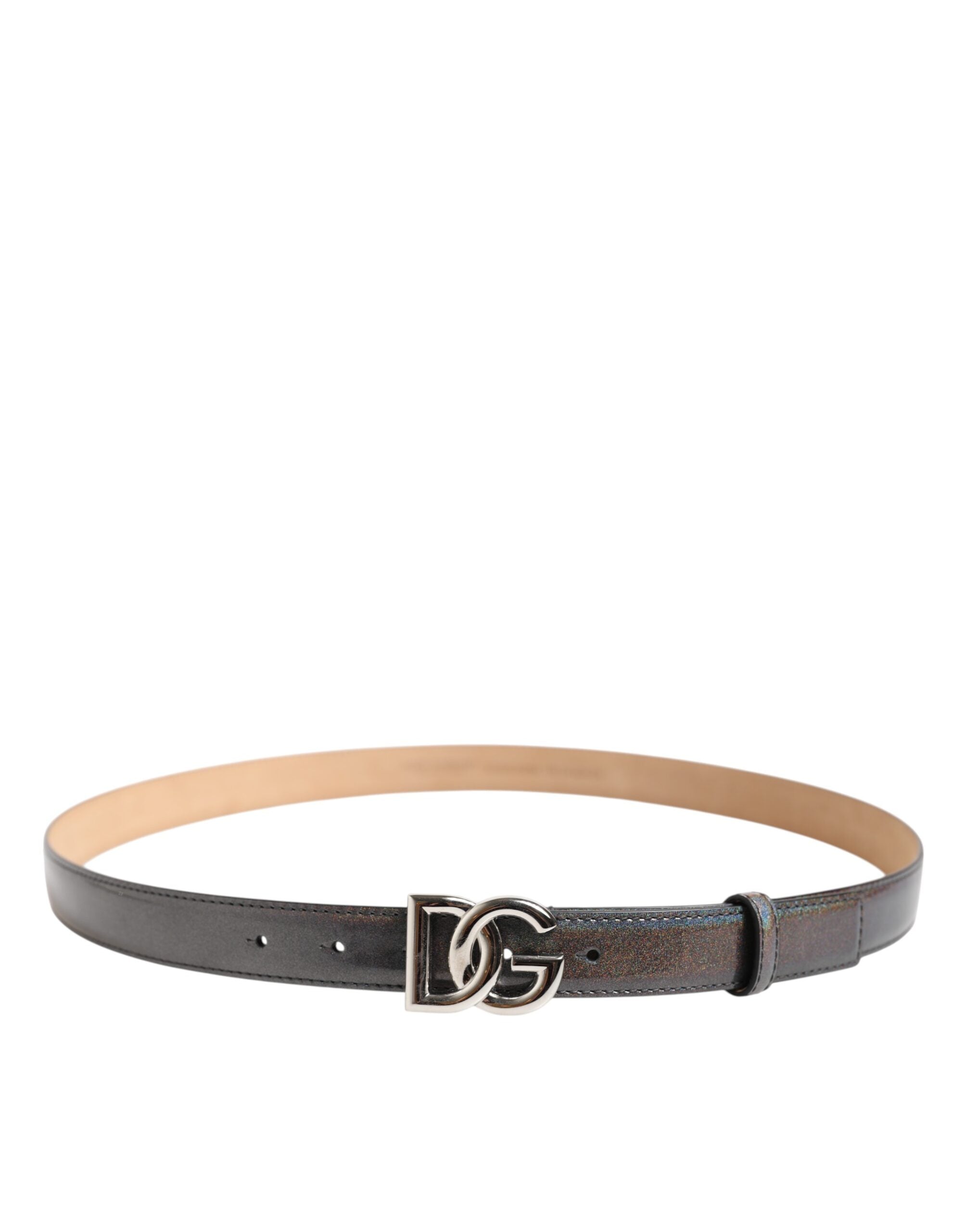 Metallic Leather Silver Tone Logo Buckle Belt - ventzia