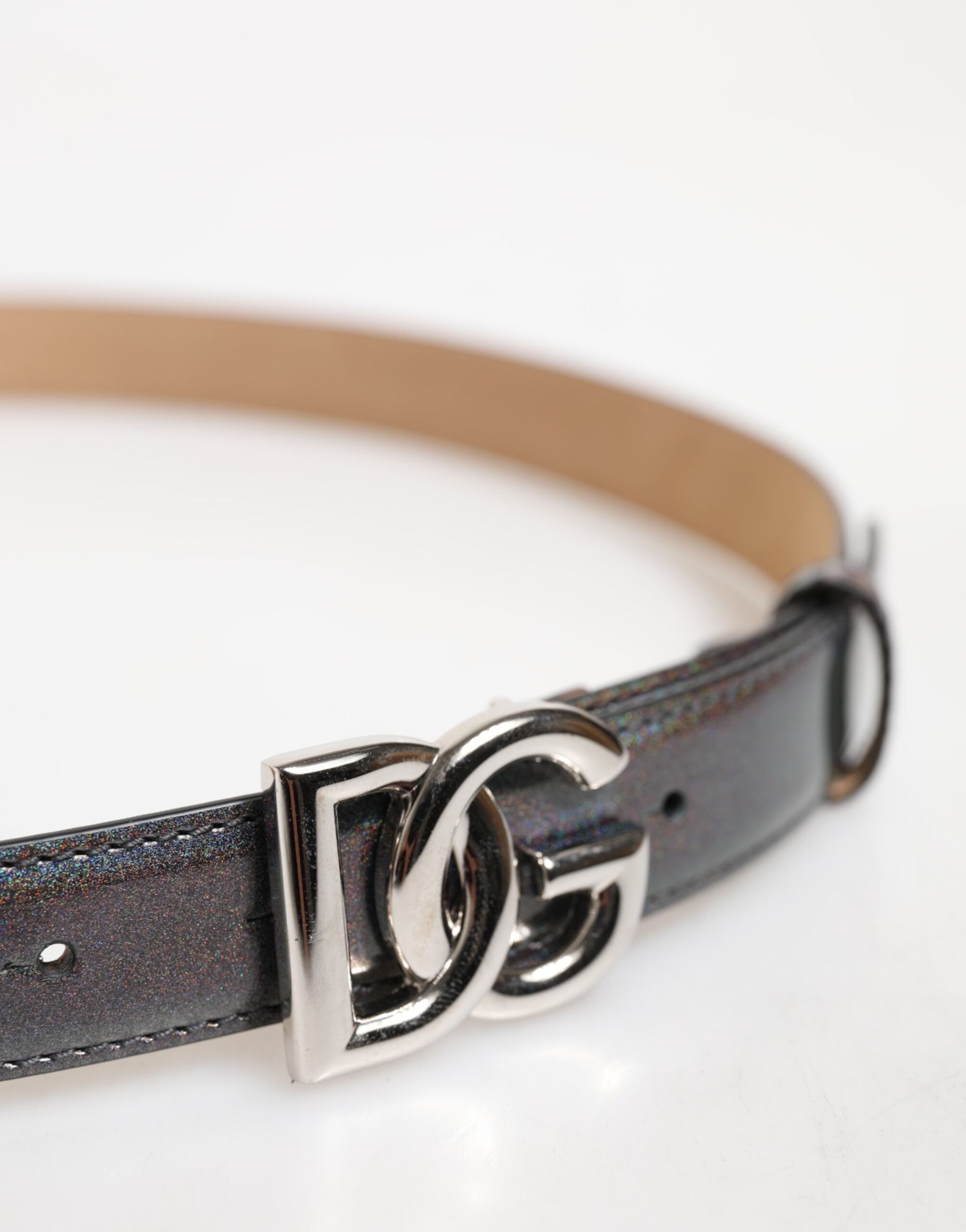 Metallic Leather Silver Tone Logo Buckle Belt - ventzia