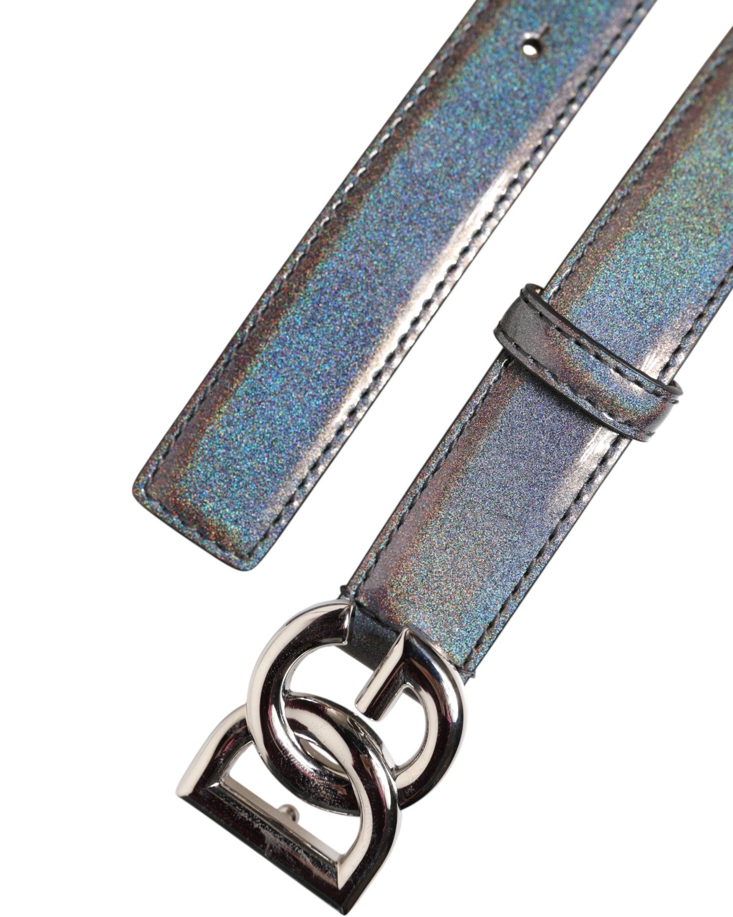 Metallic Leather Silver Tone Logo Buckle Belt - ventzia