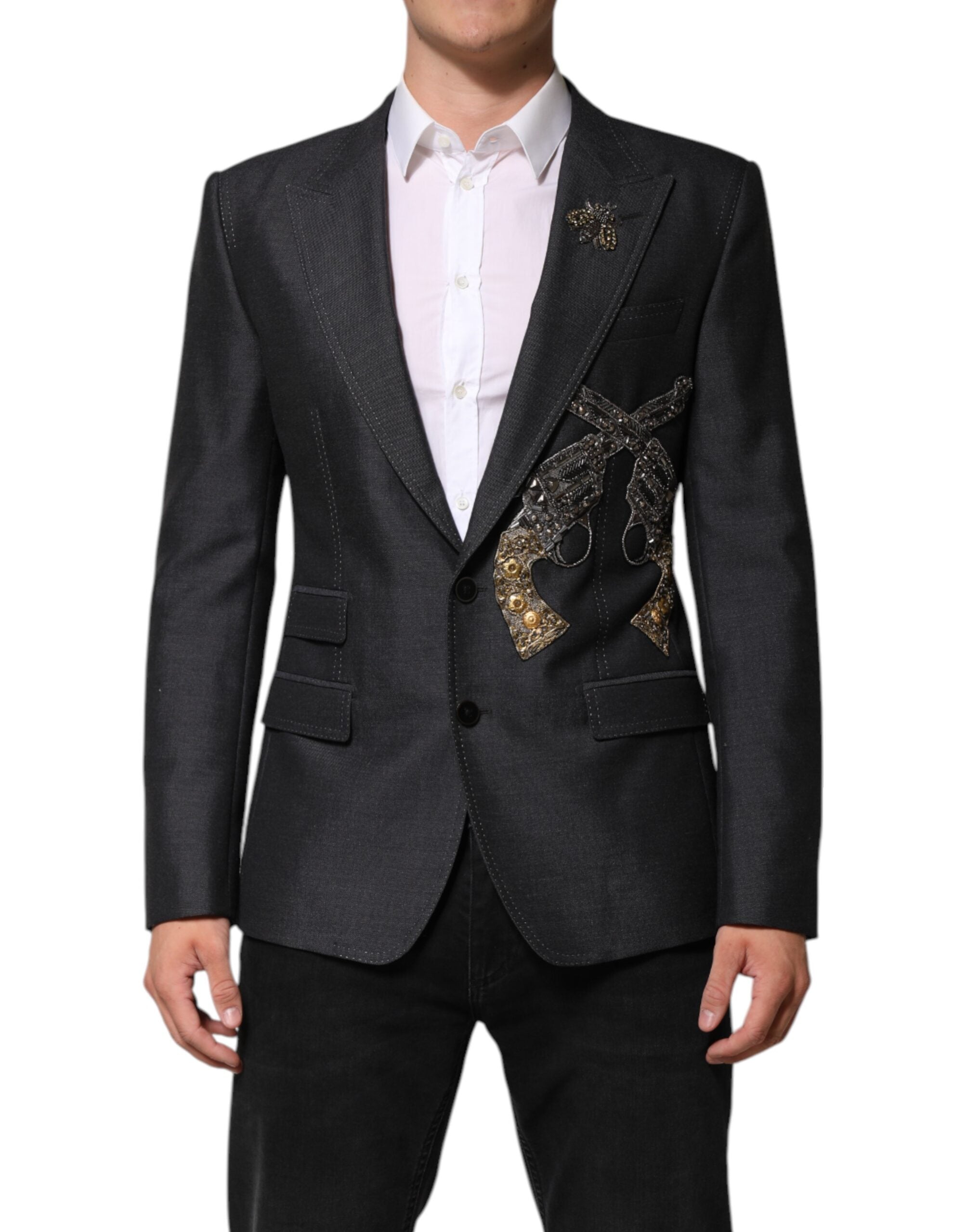 Dark Gray Bee Embroidery Wool Coat Blazer - ventzia