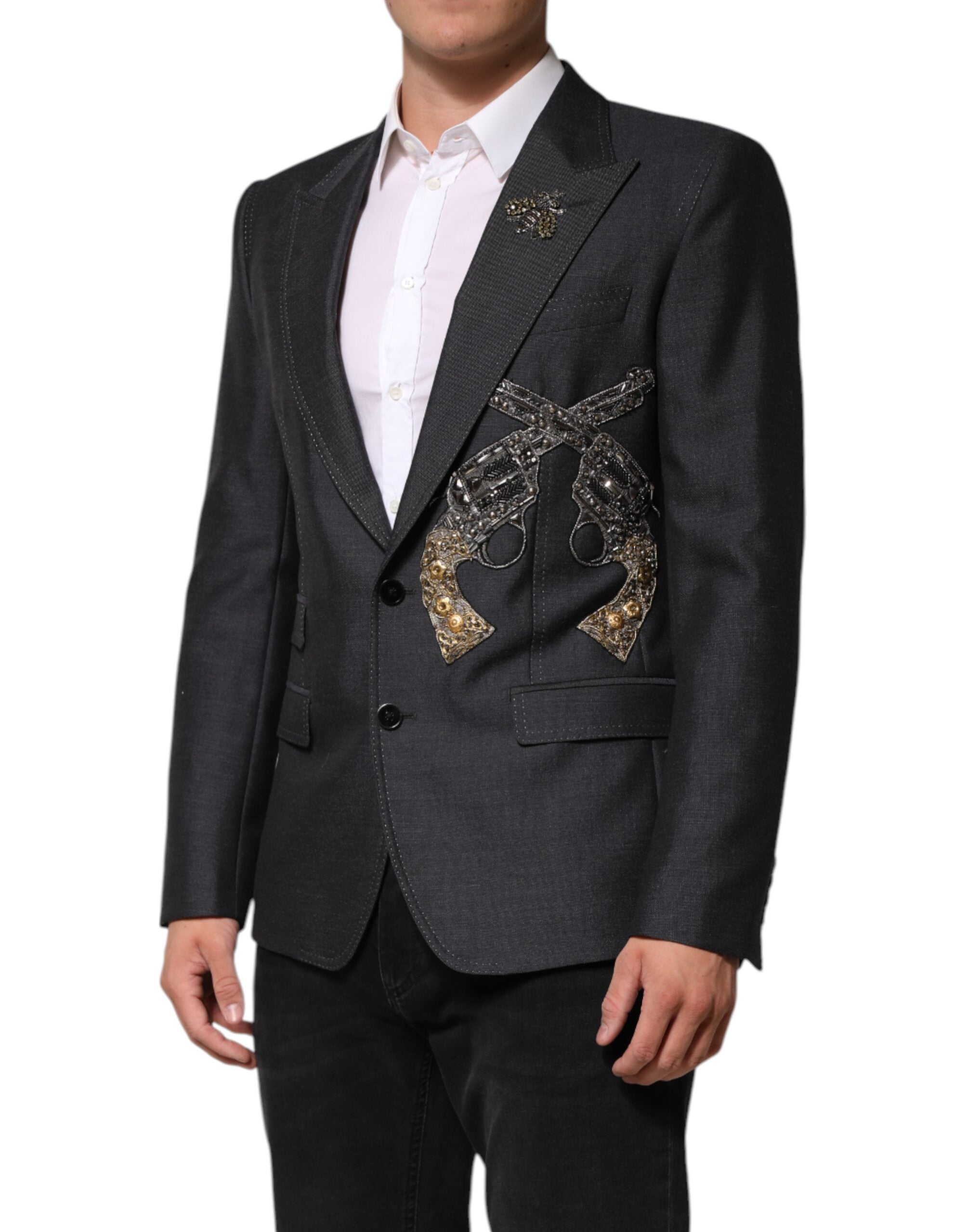Dark Gray Bee Embroidery Wool Coat Blazer - ventzia