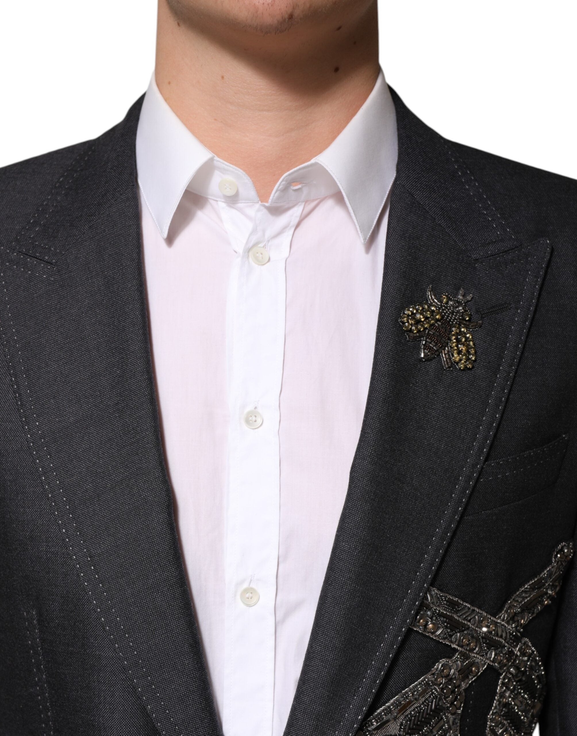 Dark Gray Bee Embroidery Wool Coat Blazer - ventzia