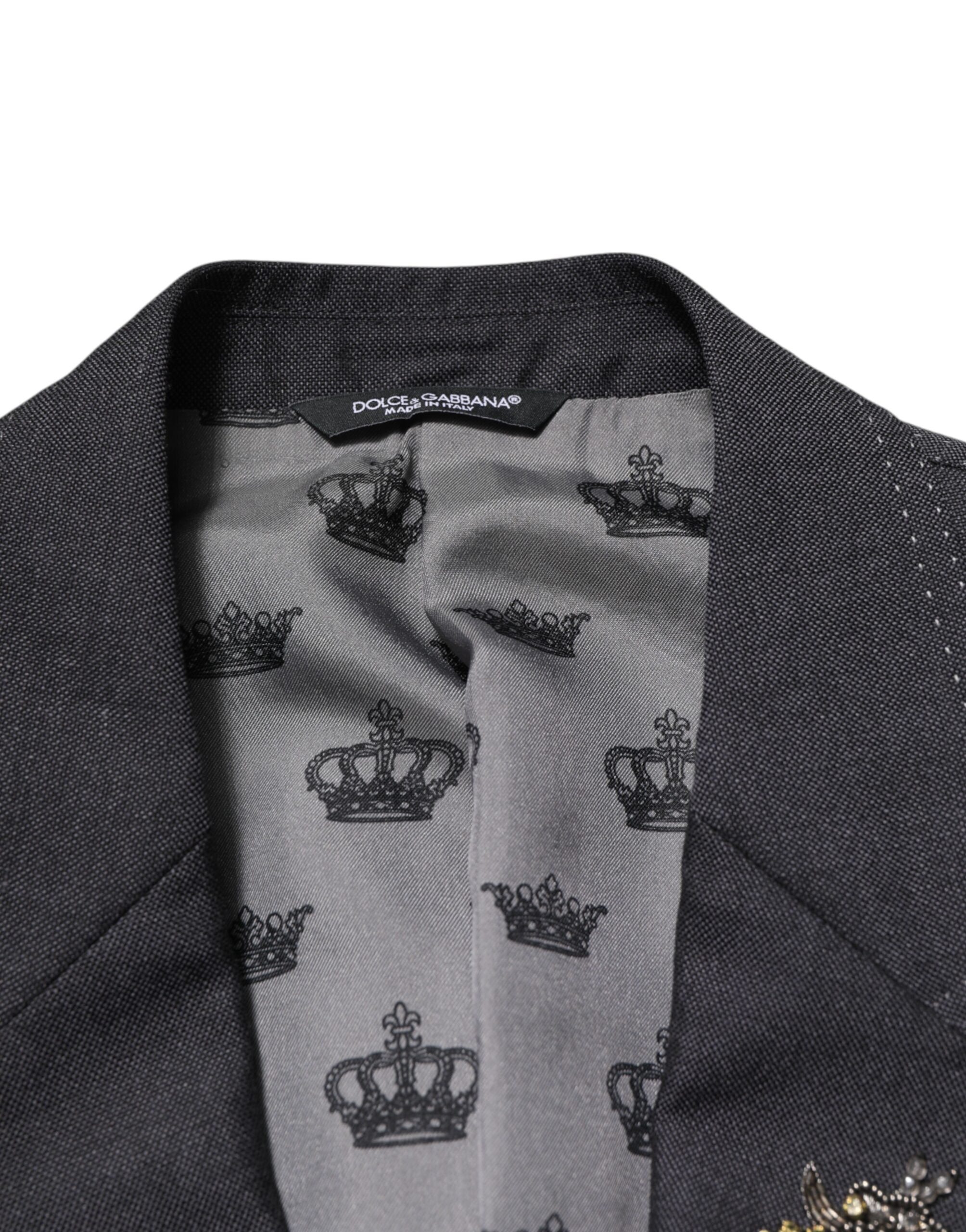 Dark Gray Bee Embroidery Wool Coat Blazer - ventzia