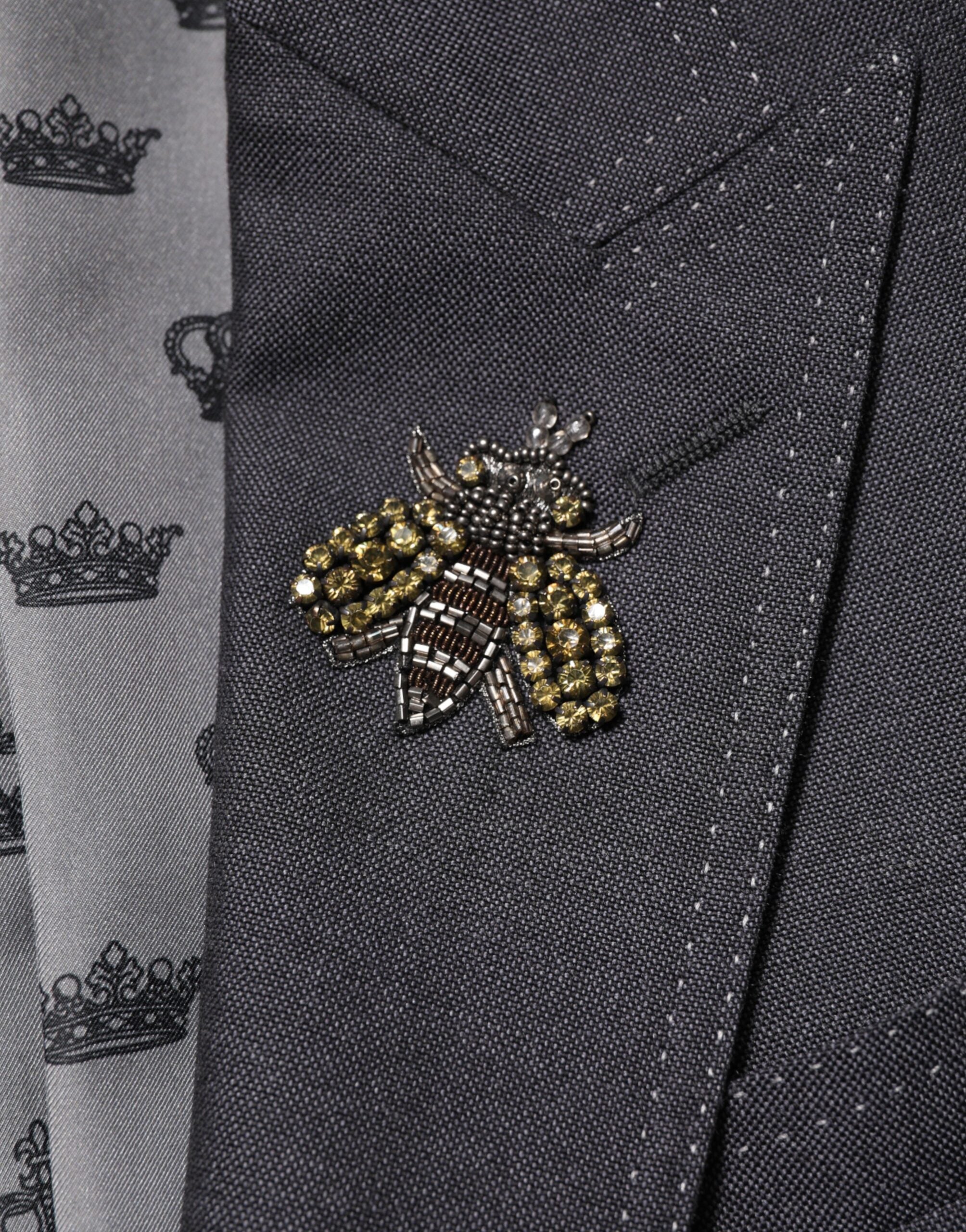 Dark Gray Bee Embroidery Wool Coat Blazer - ventzia