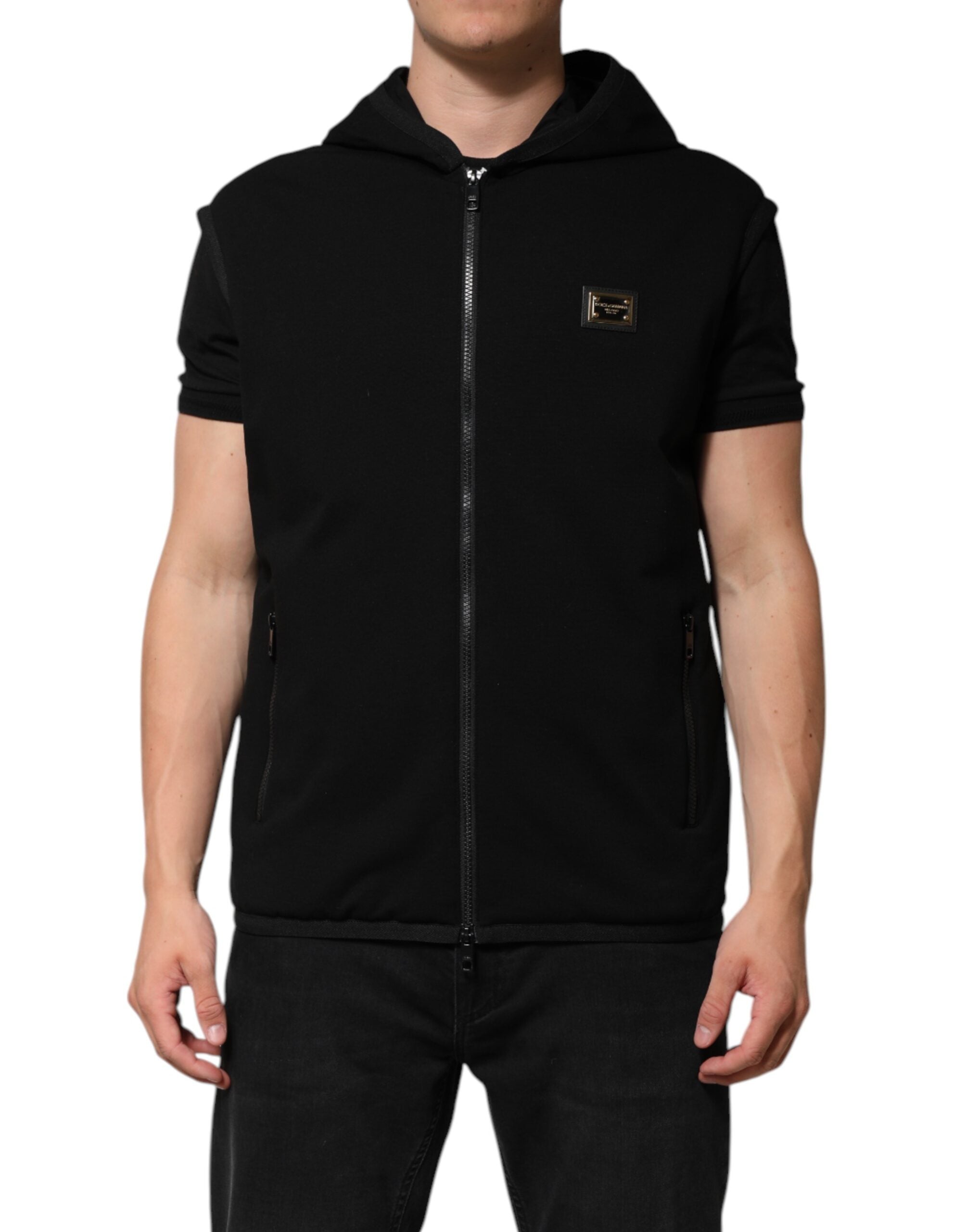 Black Sleeveless Hooded Logo Plaque Jacket - ventzia