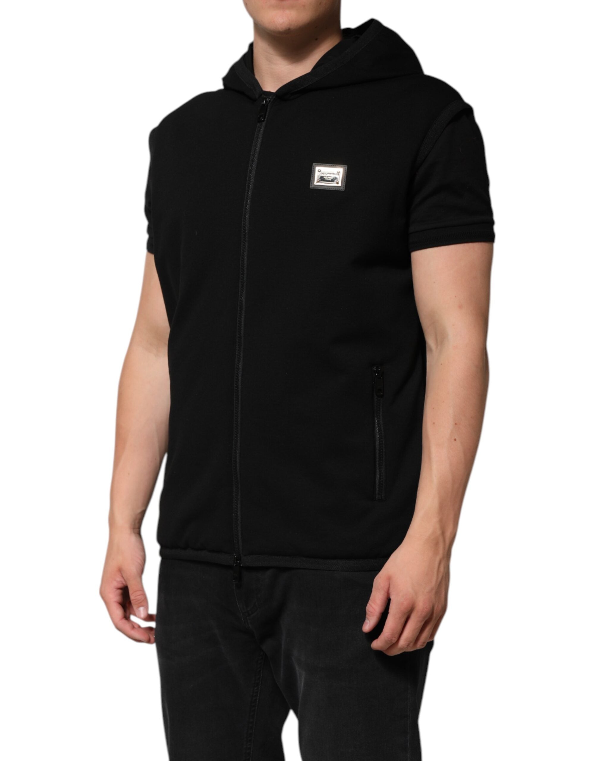 Black Sleeveless Hooded Logo Plaque Jacket - ventzia