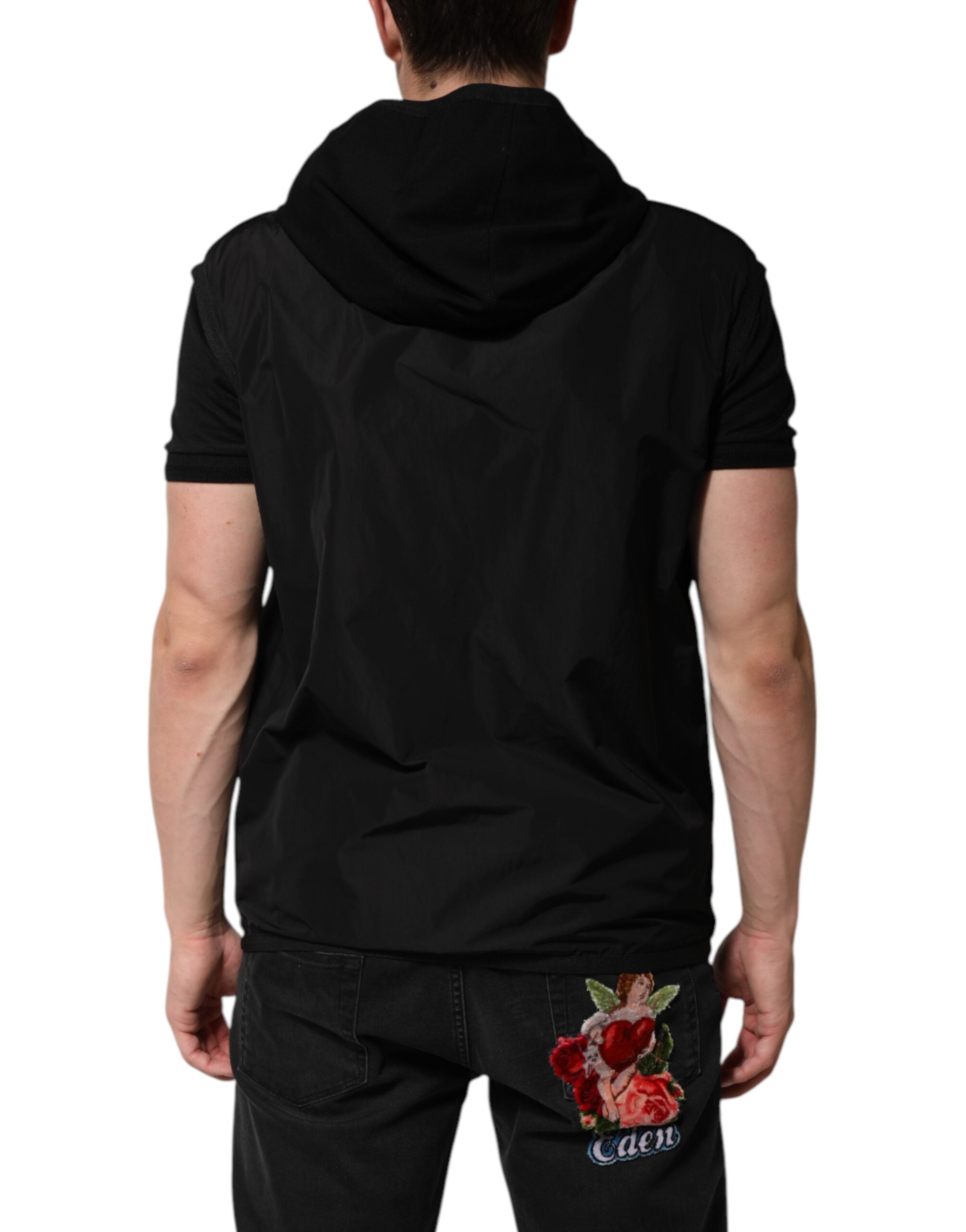 Black Sleeveless Hooded Logo Plaque Jacket - ventzia