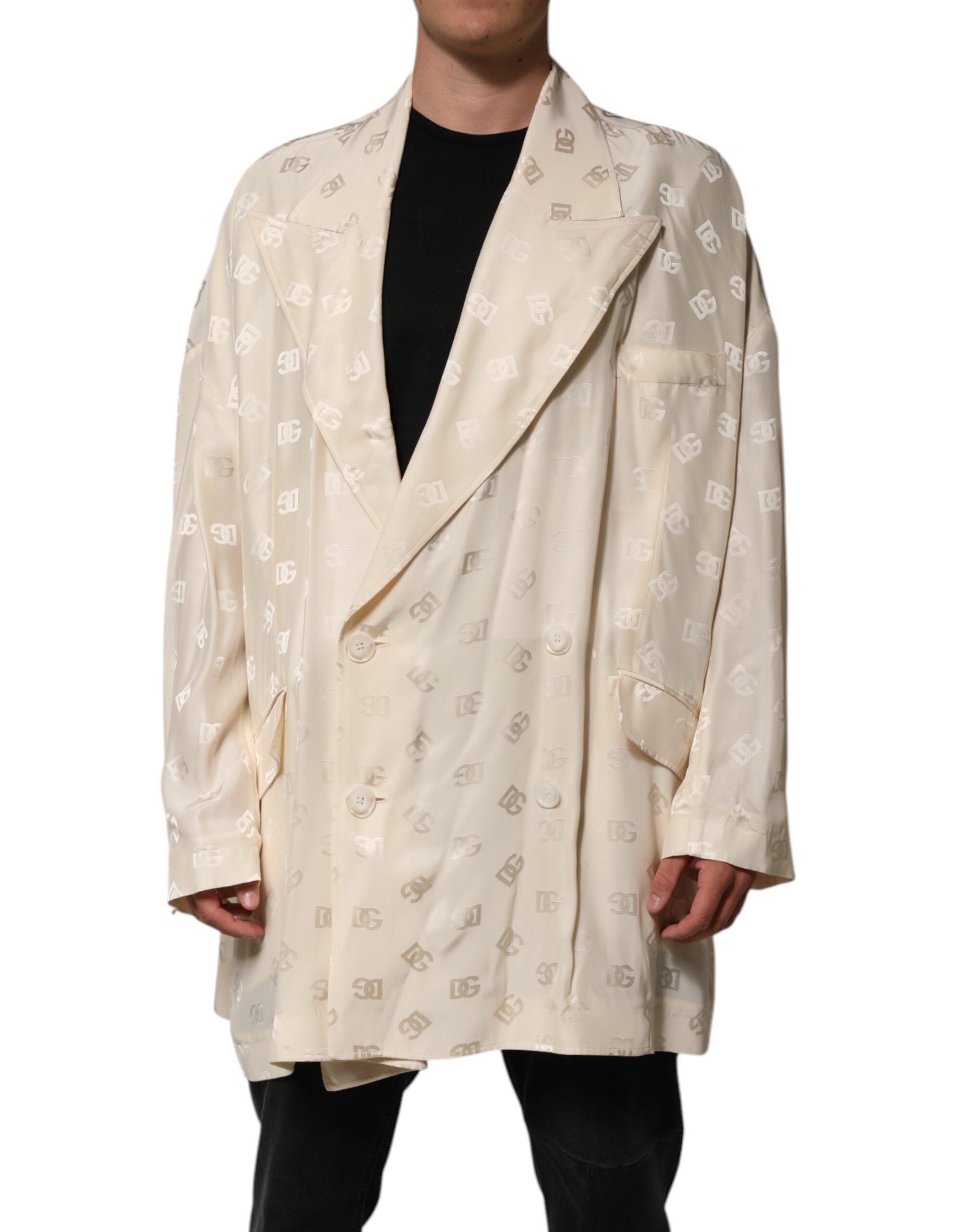 Beige Polyester Logo Monogram Coat Jacket - ventzia