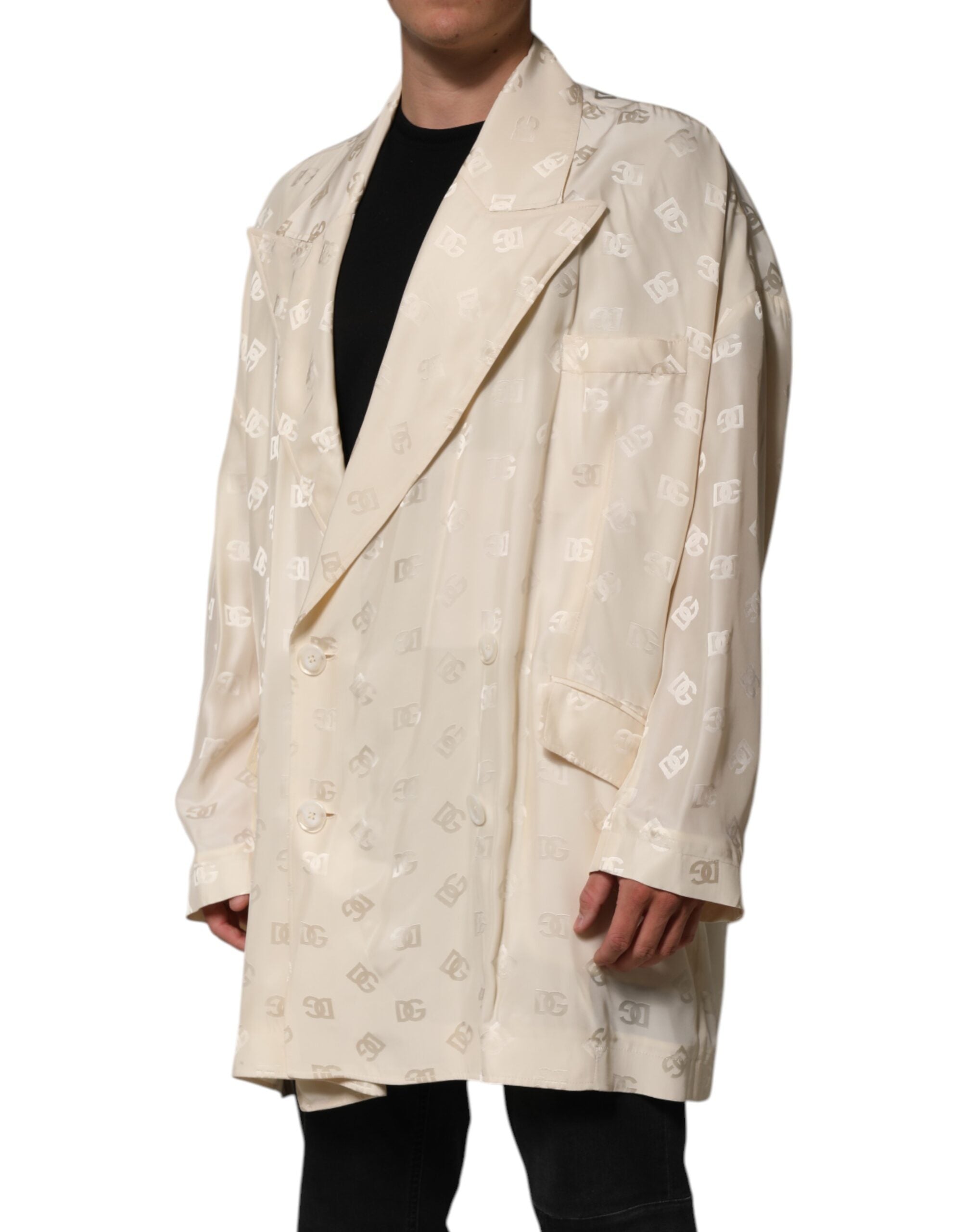 Beige Polyester Logo Monogram Coat Jacket - ventzia