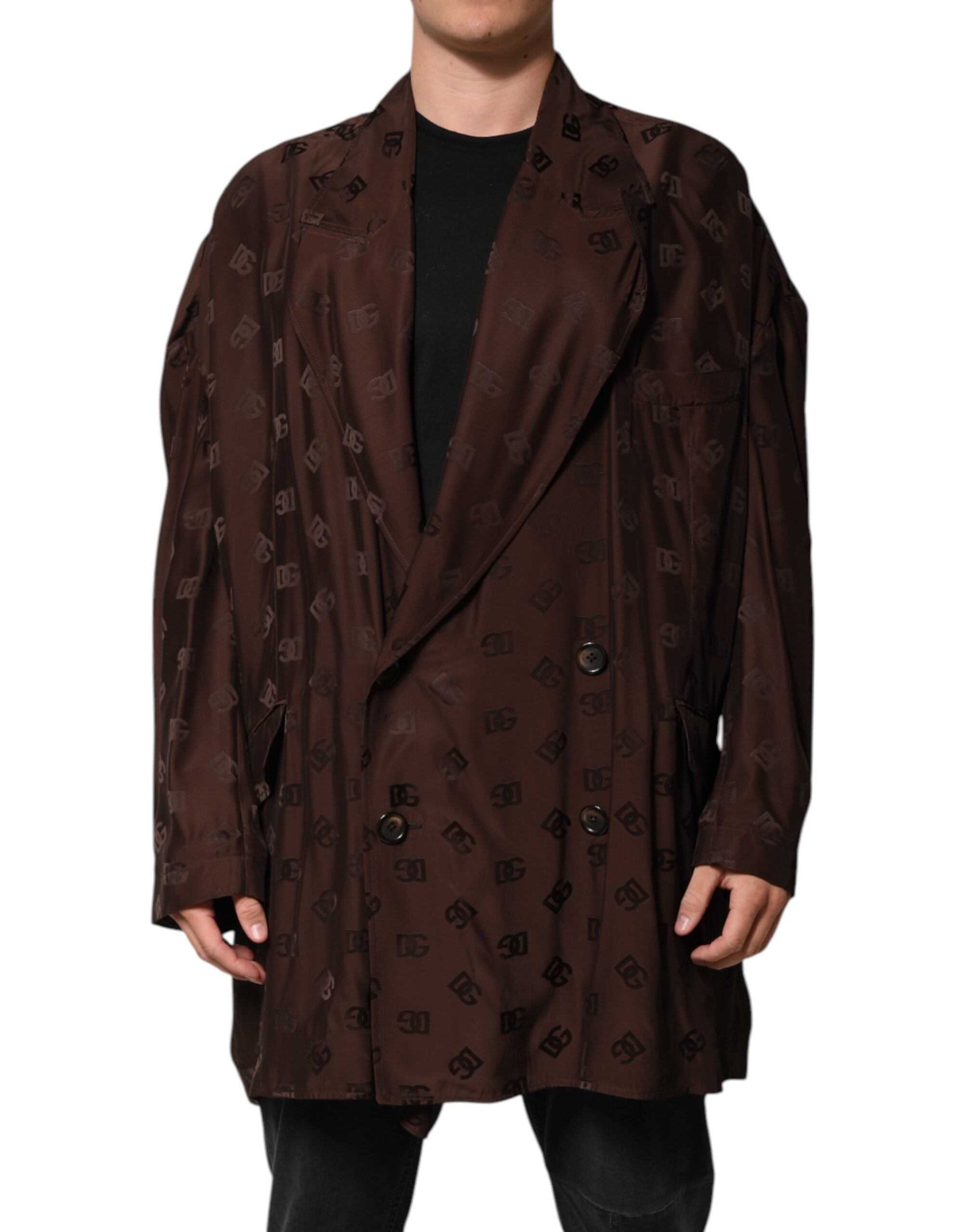 Brown Polyester Logo Monogram Coat Jacket - ventzia