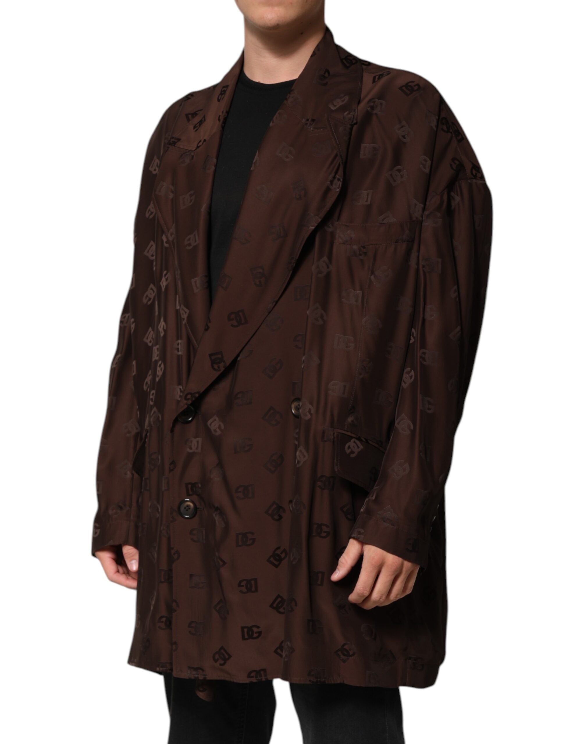 Brown Polyester Logo Monogram Coat Jacket - ventzia