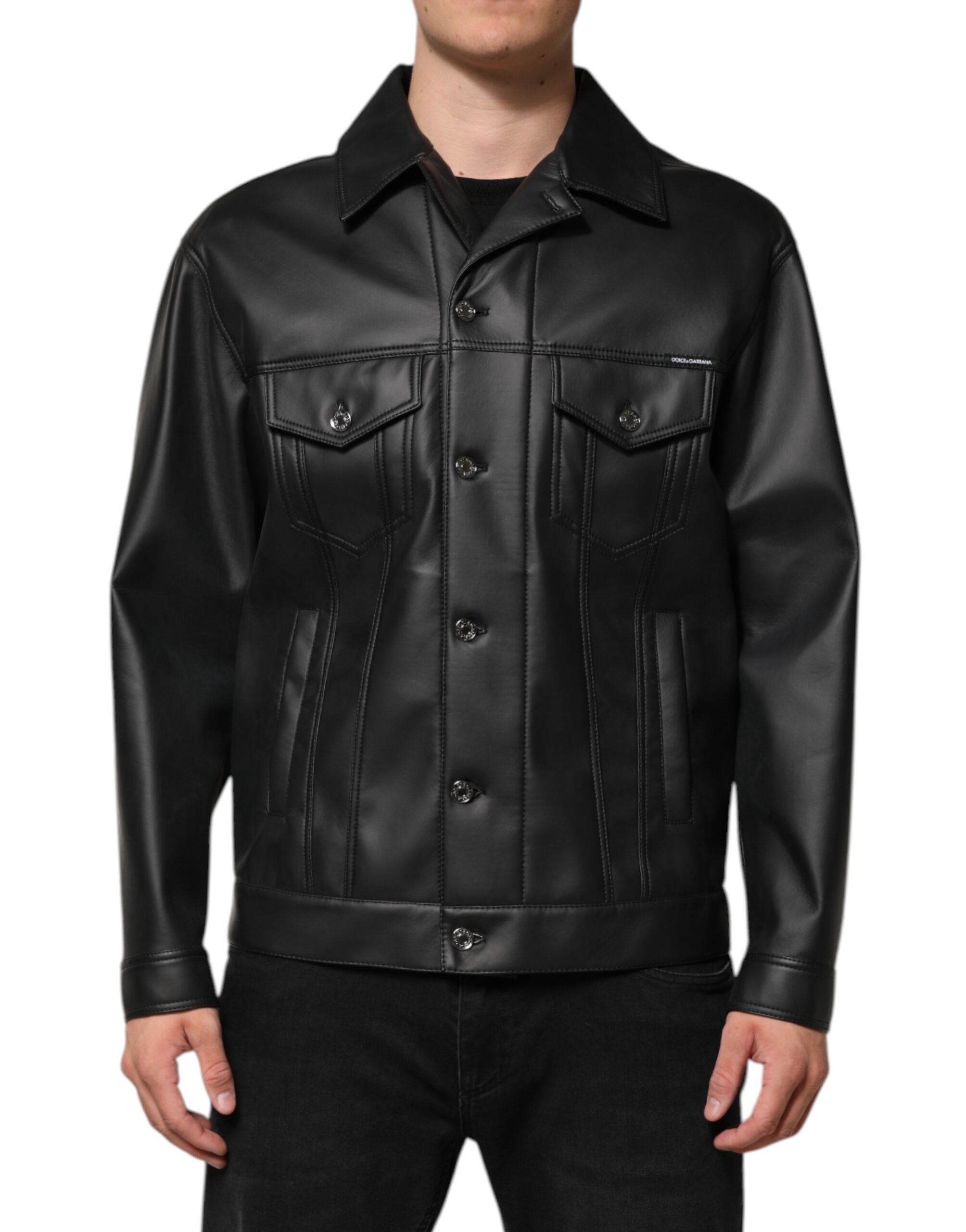 Black Polyester Button Down Biker Jacket - ventzia