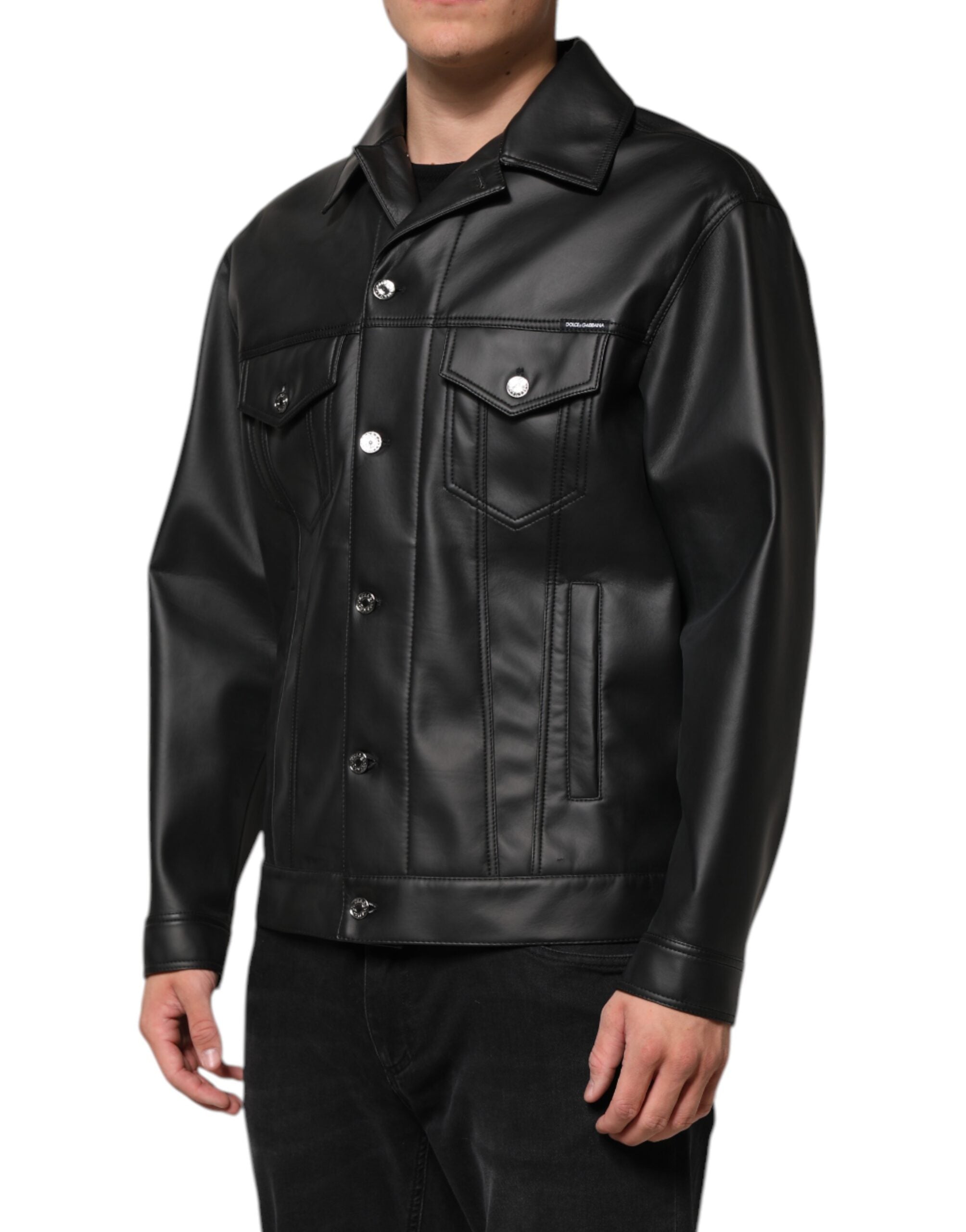 Black Polyester Button Down Biker Jacket - ventzia