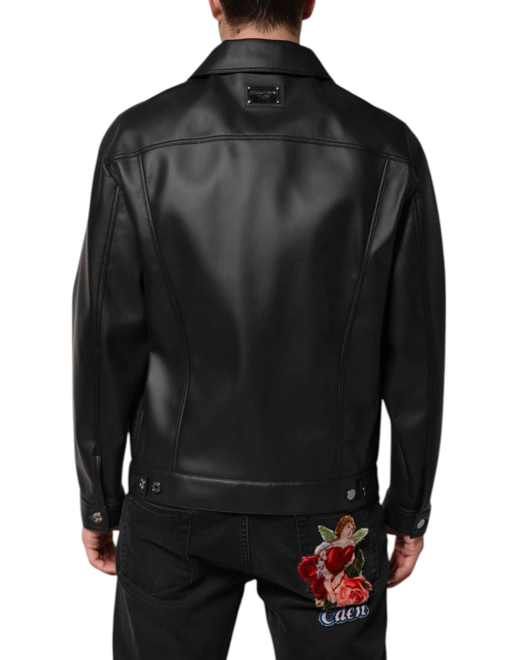 Black Polyester Button Down Biker Jacket - ventzia