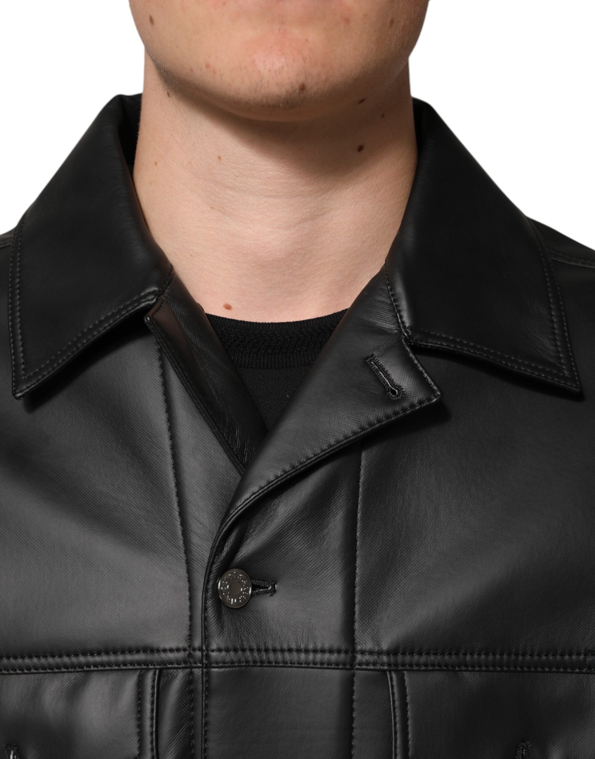 Black Polyester Button Down Biker Jacket - ventzia