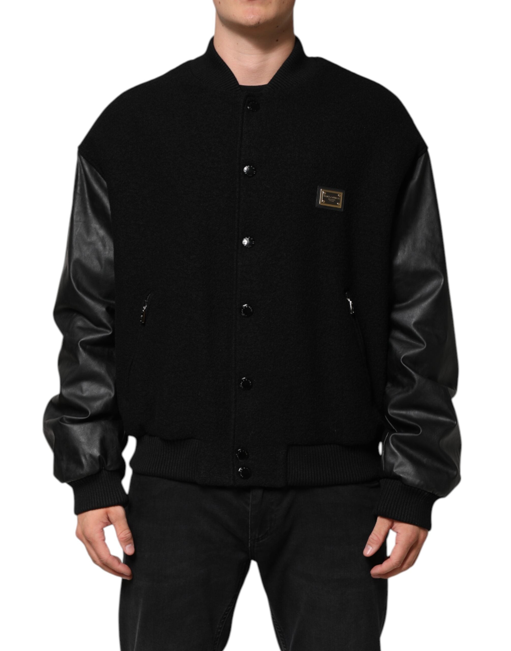 Black Wool Logo Plaque Bomber Jacket - ventzia