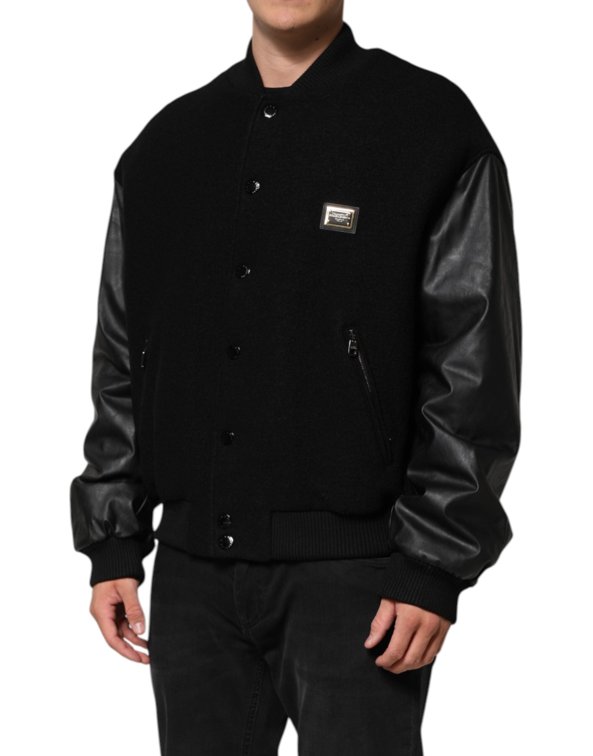 Black Wool Logo Plaque Bomber Jacket - ventzia