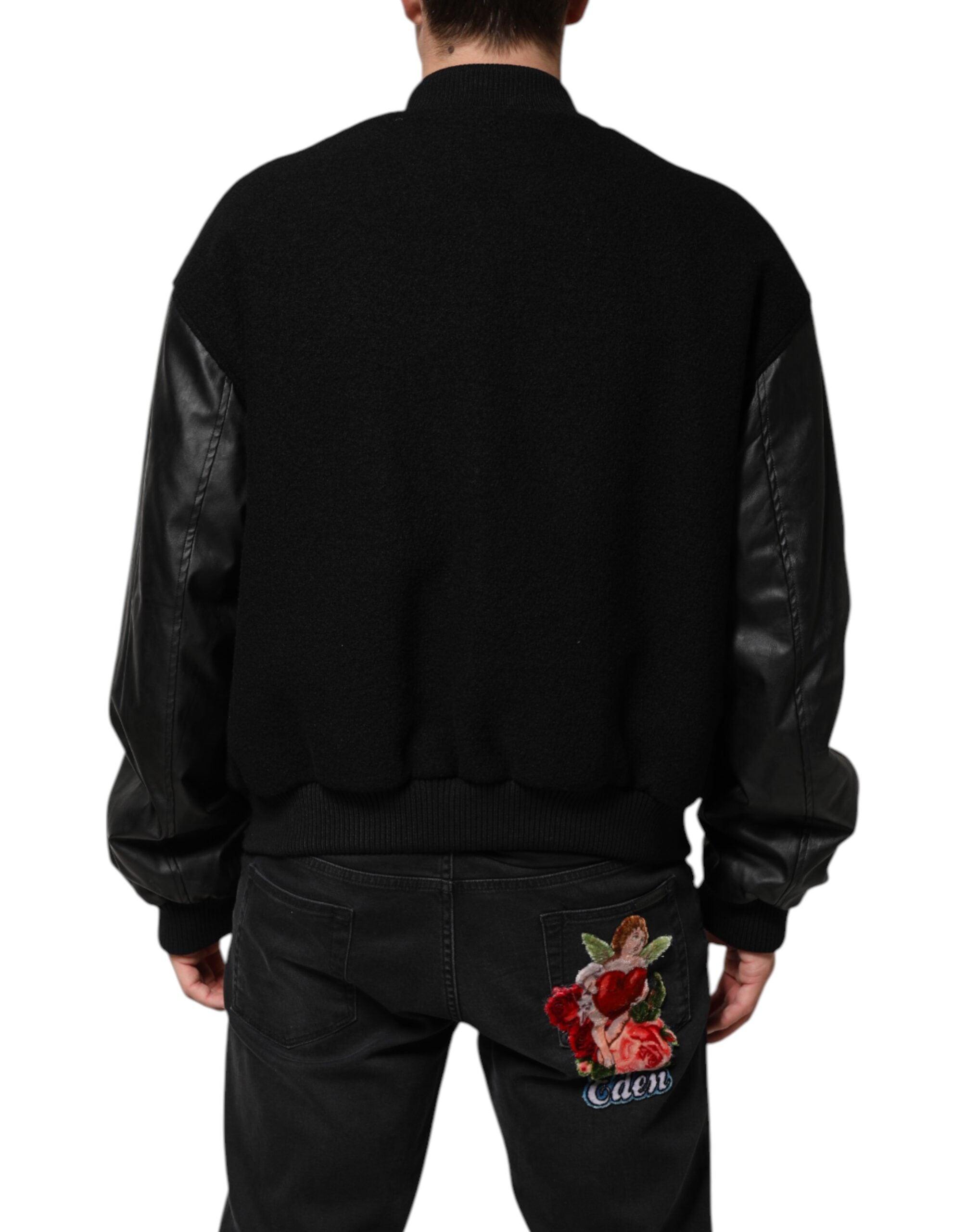 Black Wool Logo Plaque Bomber Jacket - ventzia