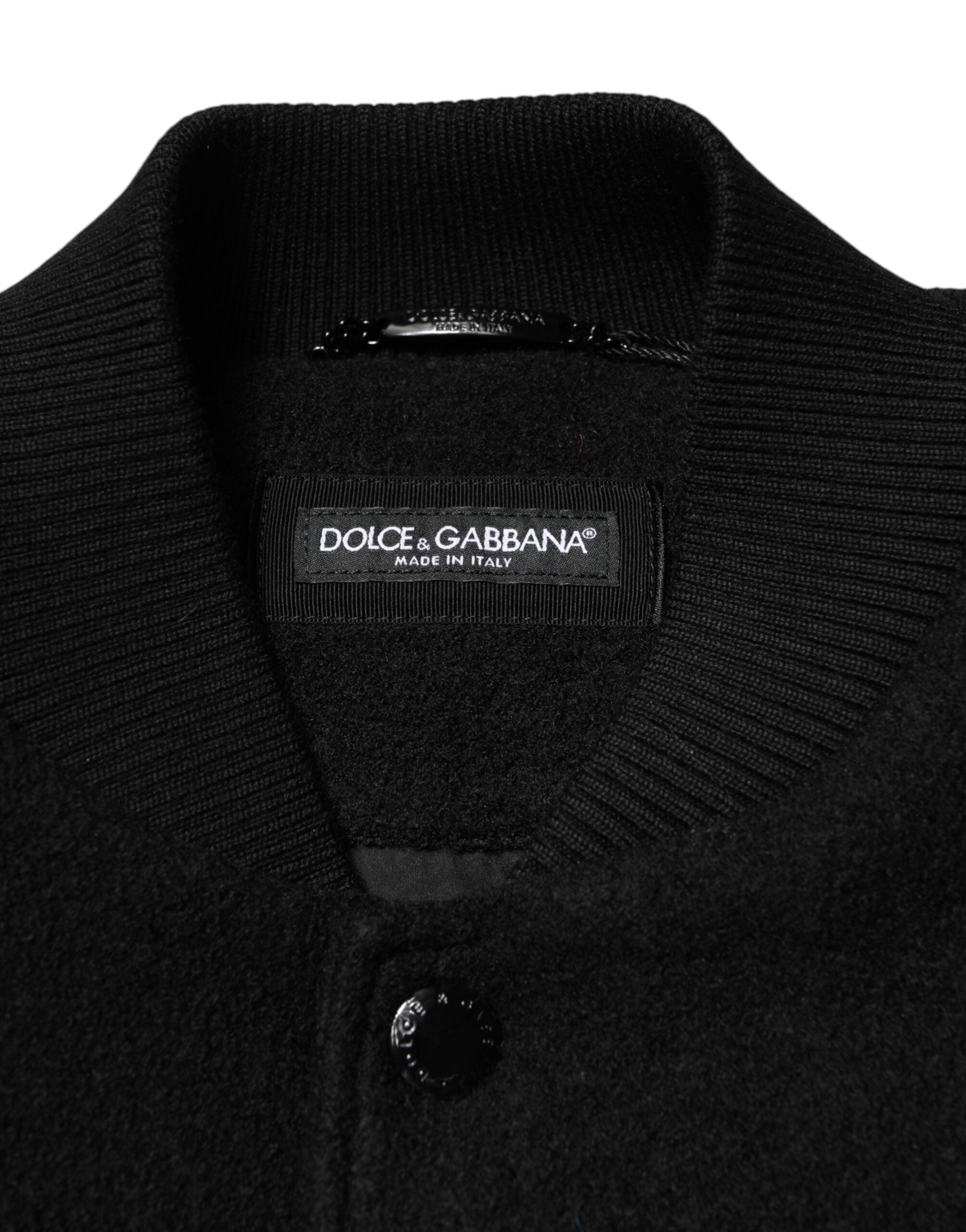 Black Wool Logo Plaque Bomber Jacket - ventzia