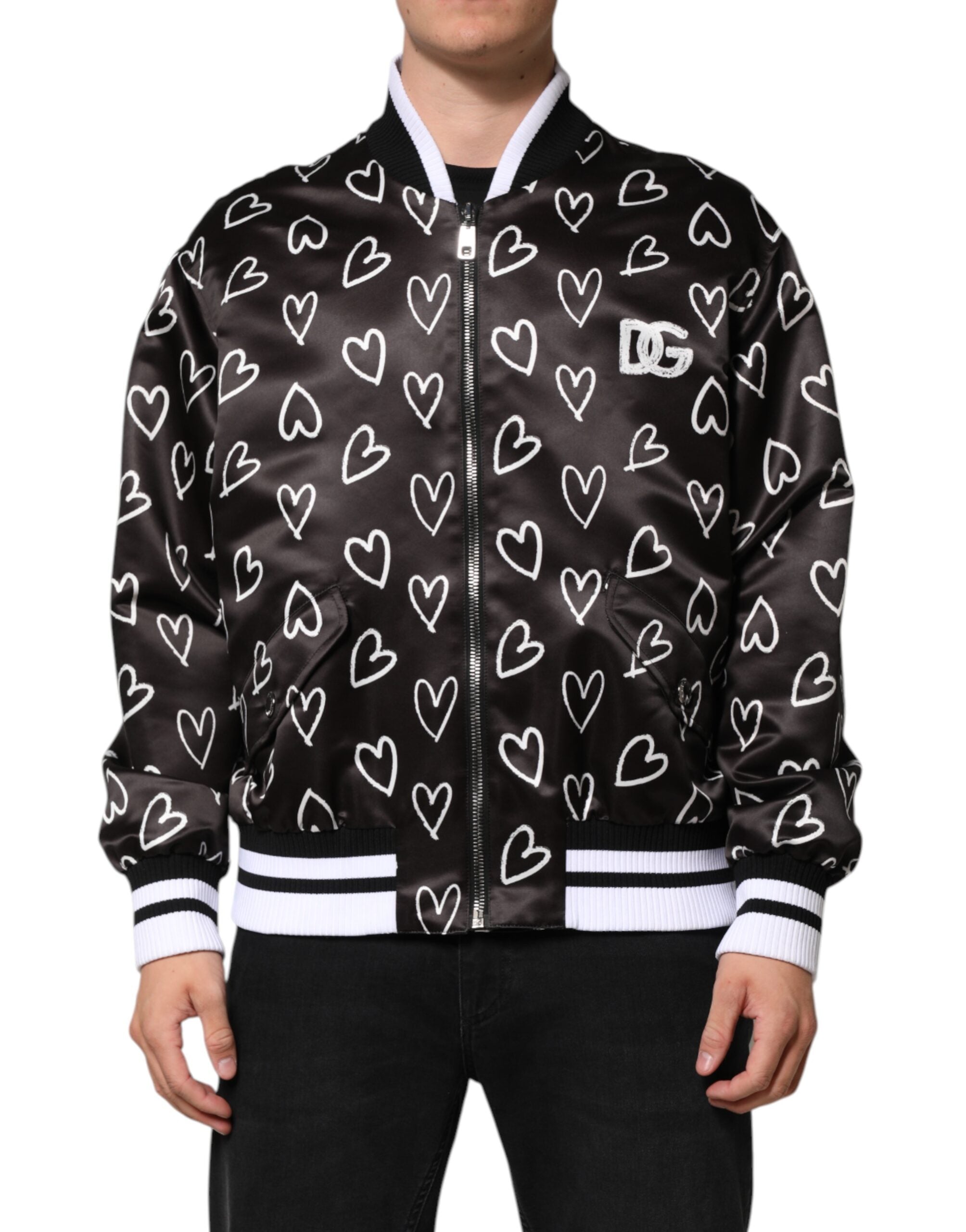 Black Polyester Heart Print Bomber Jacket - ventzia