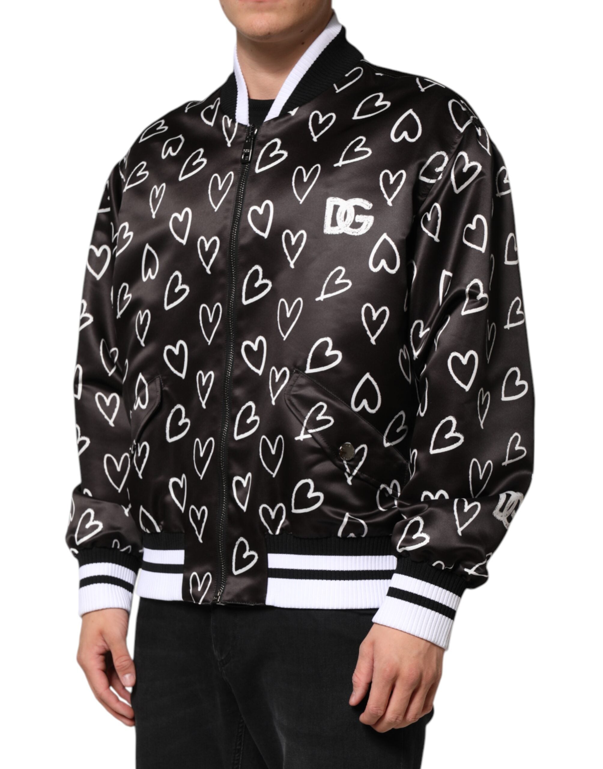 Black Polyester Heart Print Bomber Jacket - ventzia