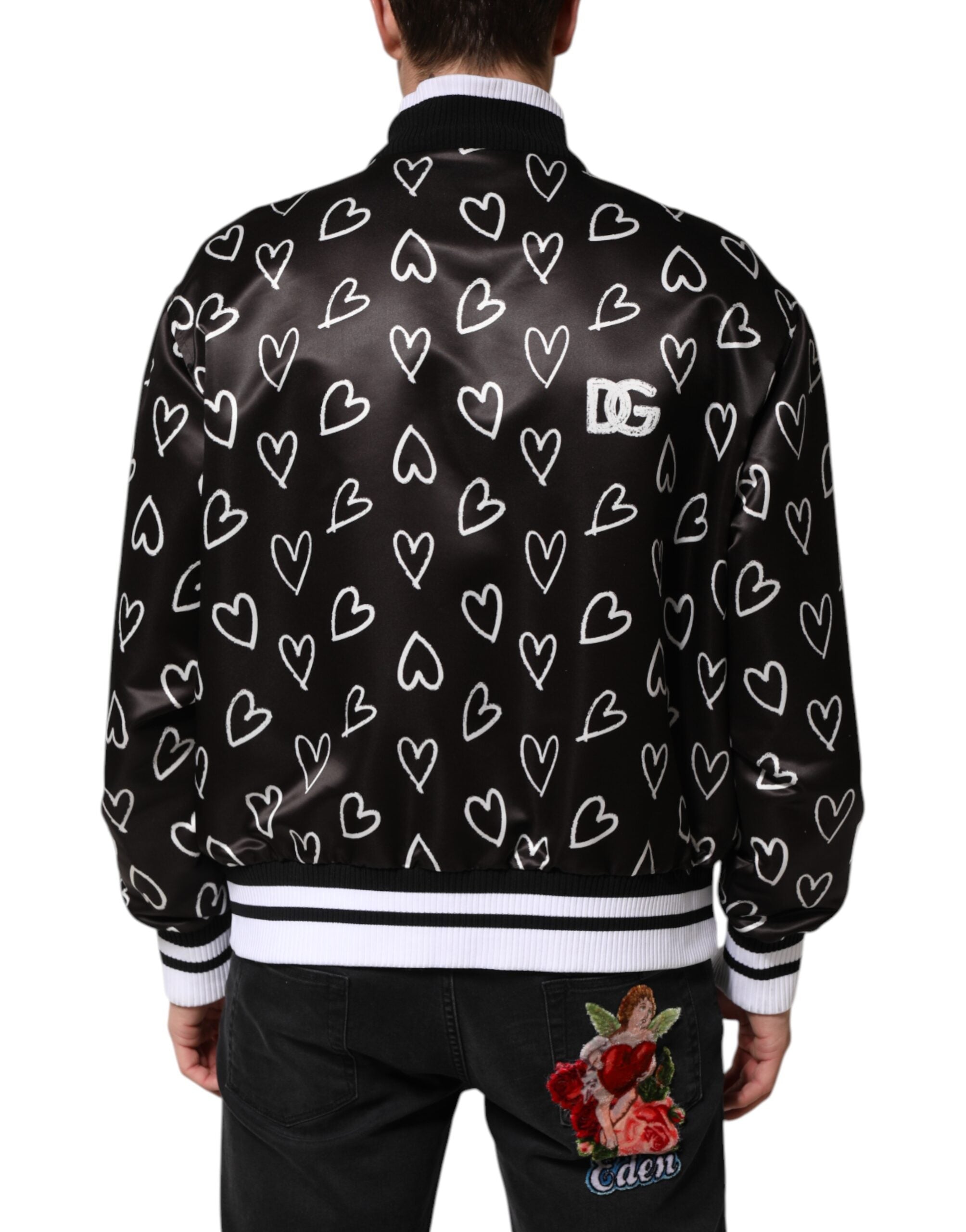 Black Polyester Heart Print Bomber Jacket - ventzia