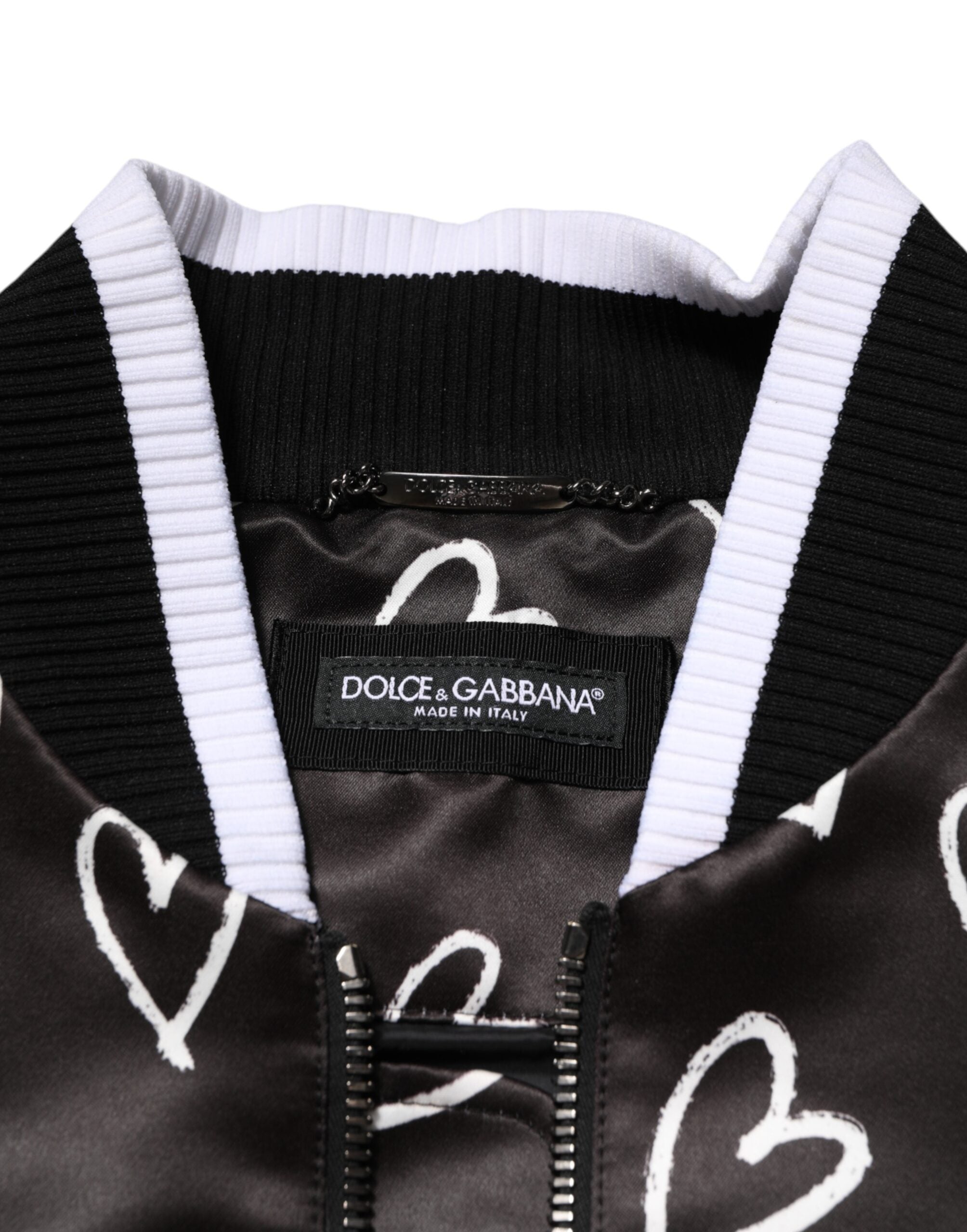 Black Polyester Heart Print Bomber Jacket - ventzia
