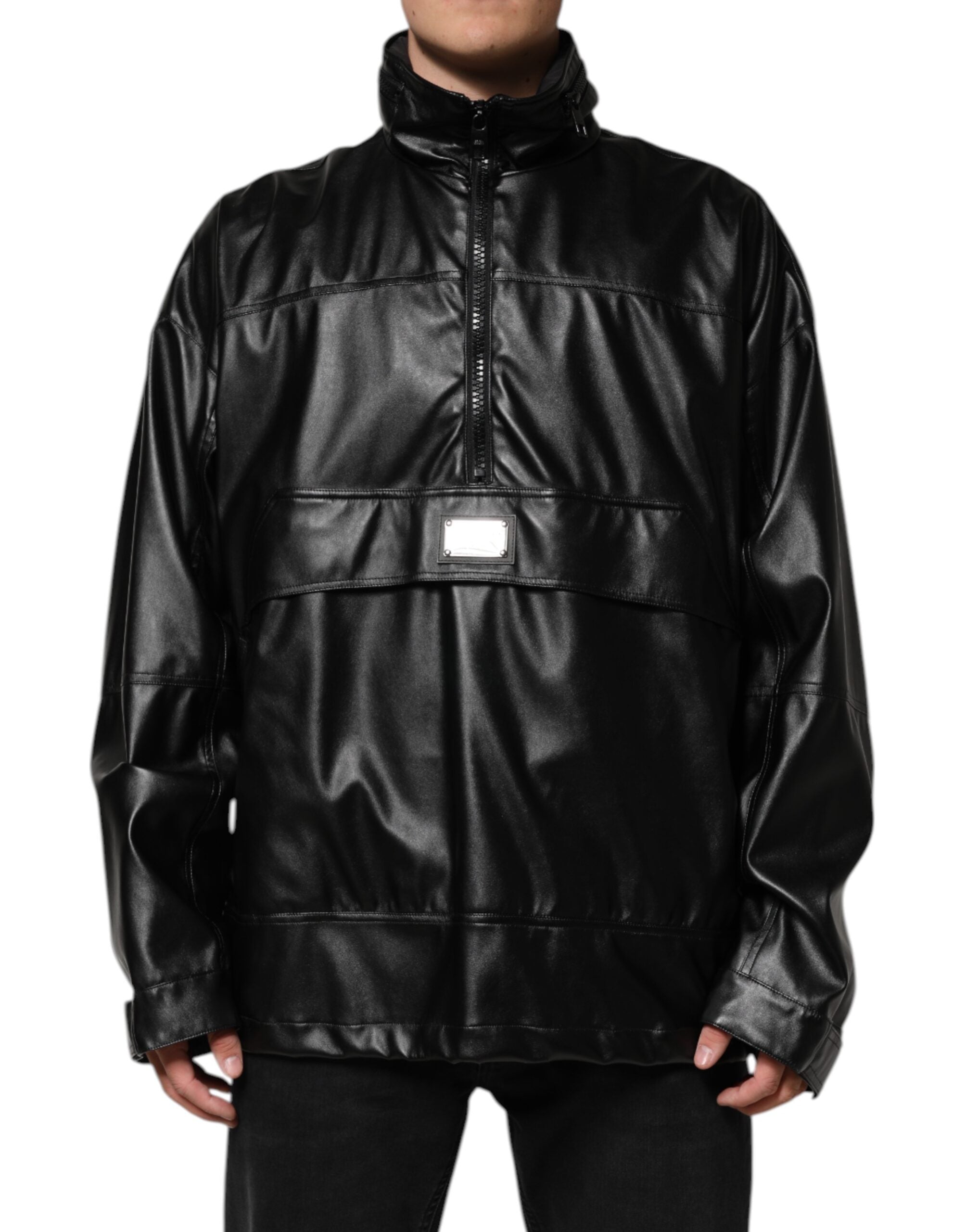 Black Polyester Logo Plaque Bomber Jacket - ventzia