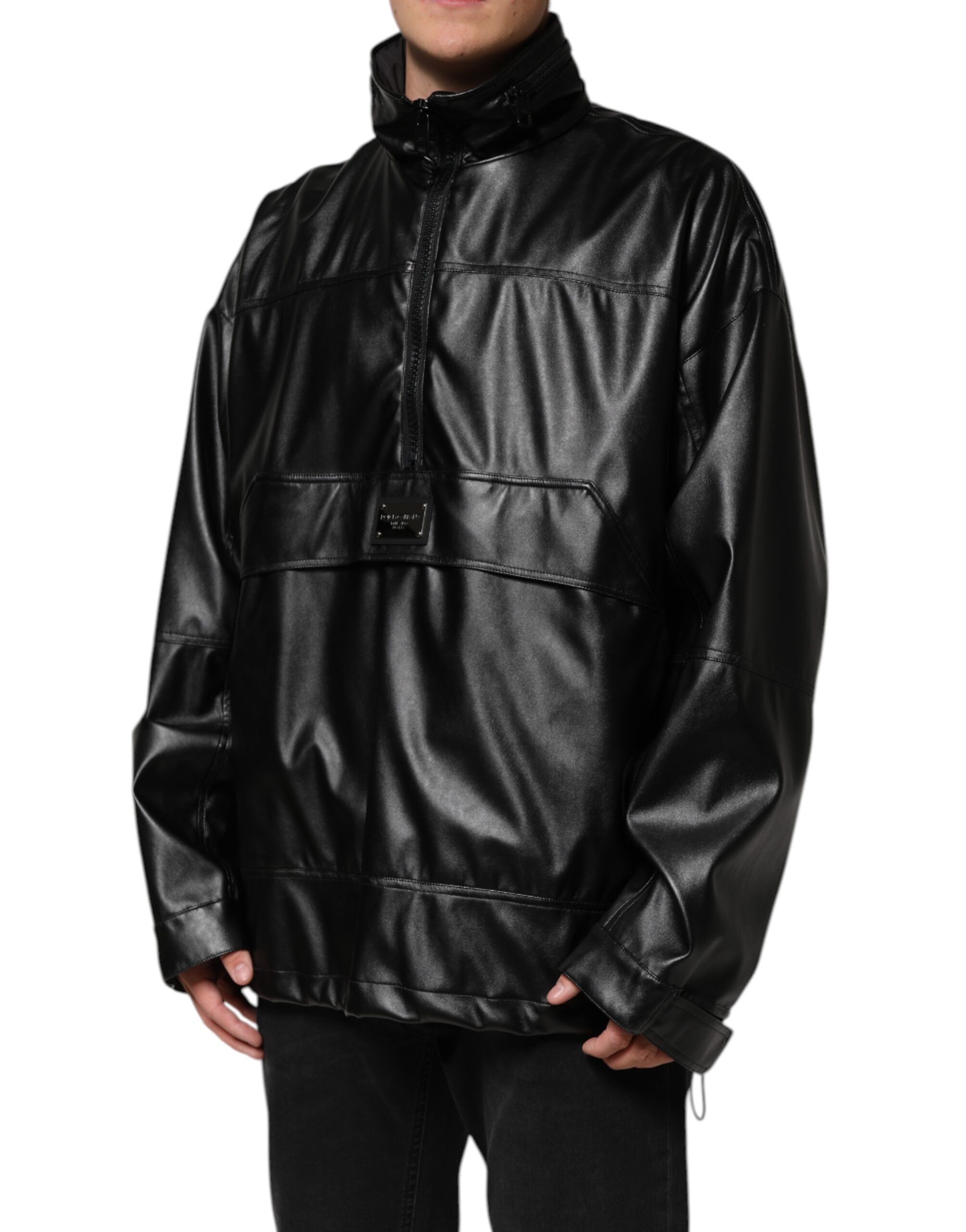 Black Polyester Logo Plaque Bomber Jacket - ventzia