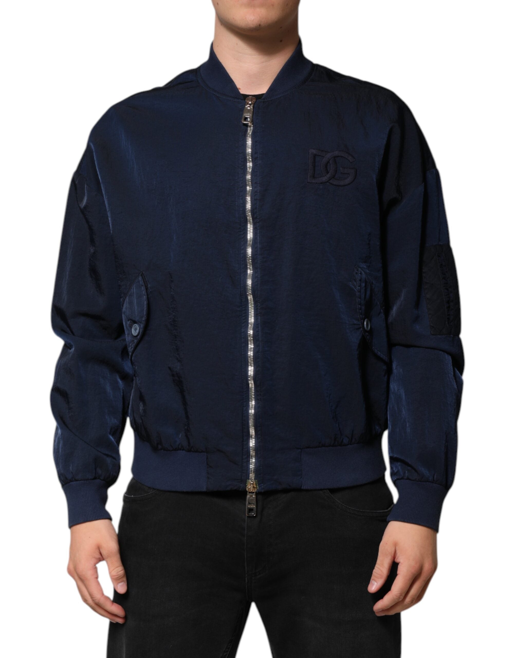 Blue Nylon DG Embroidery Men Bomber Jacket - ventzia