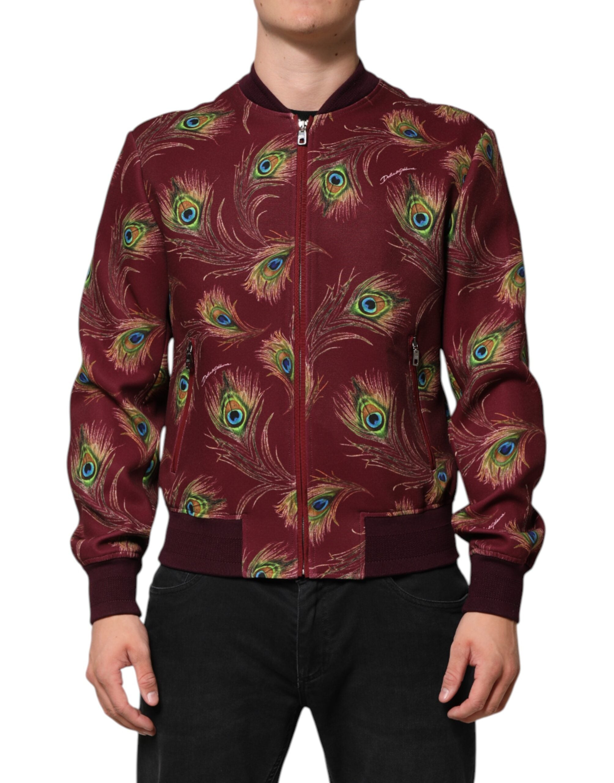 Maroon Peacock Feather Print Bomber Jacket - ventzia