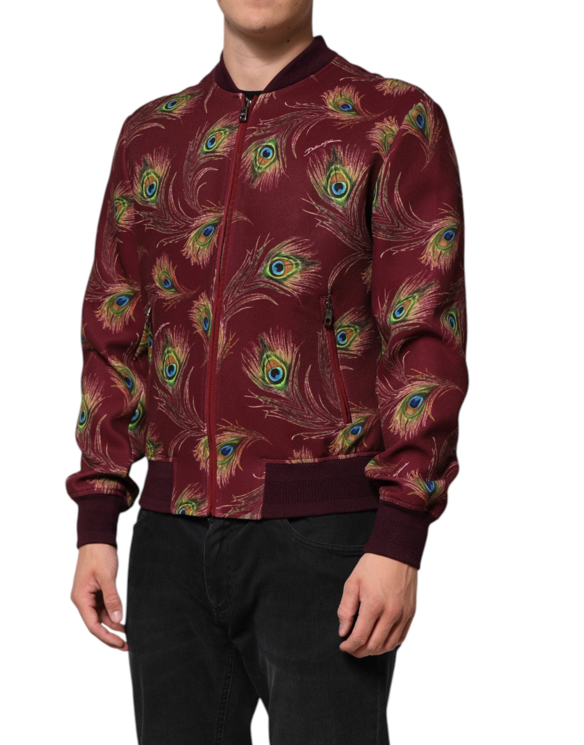 Maroon Peacock Feather Print Bomber Jacket - ventzia