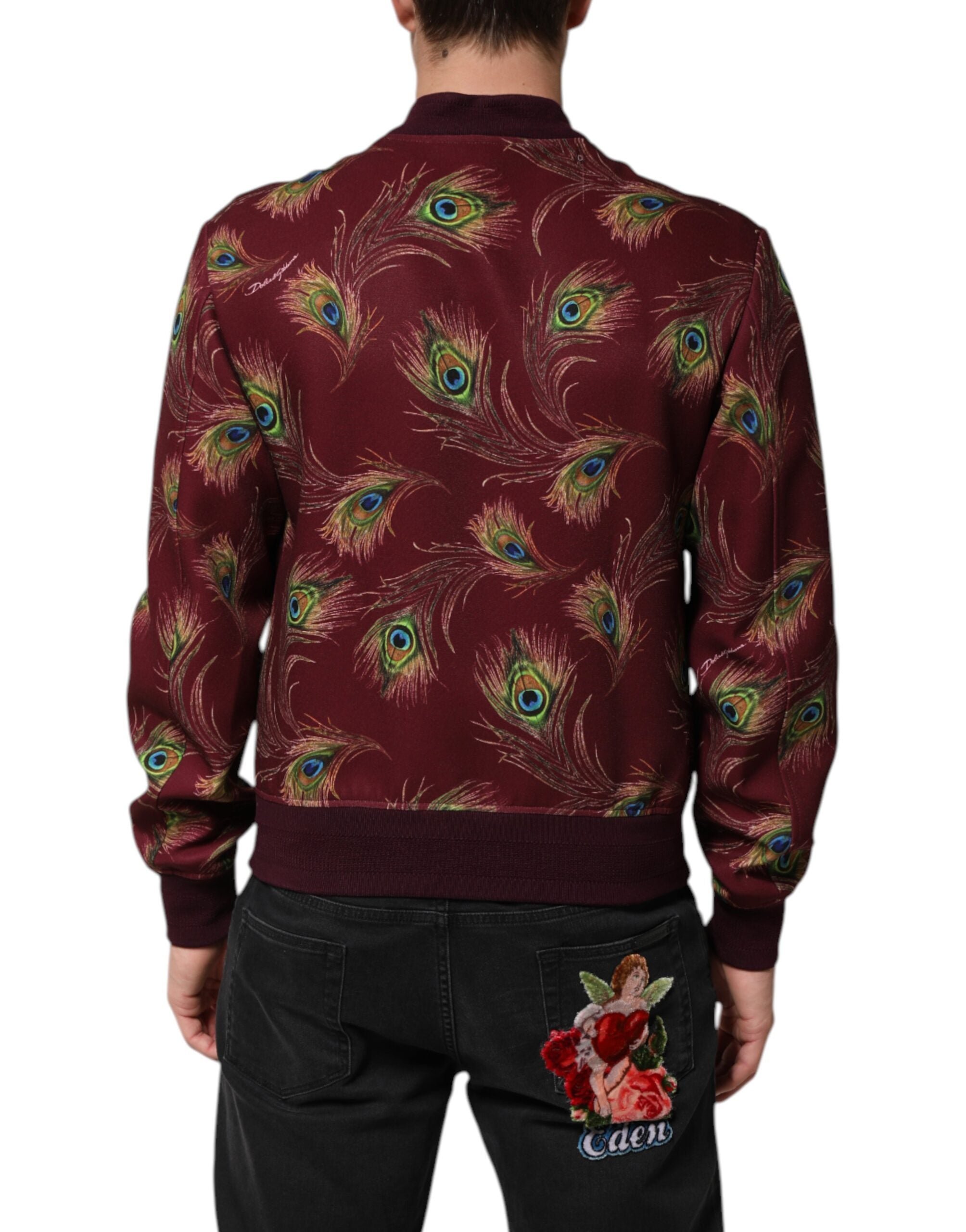 Maroon Peacock Feather Print Bomber Jacket - ventzia