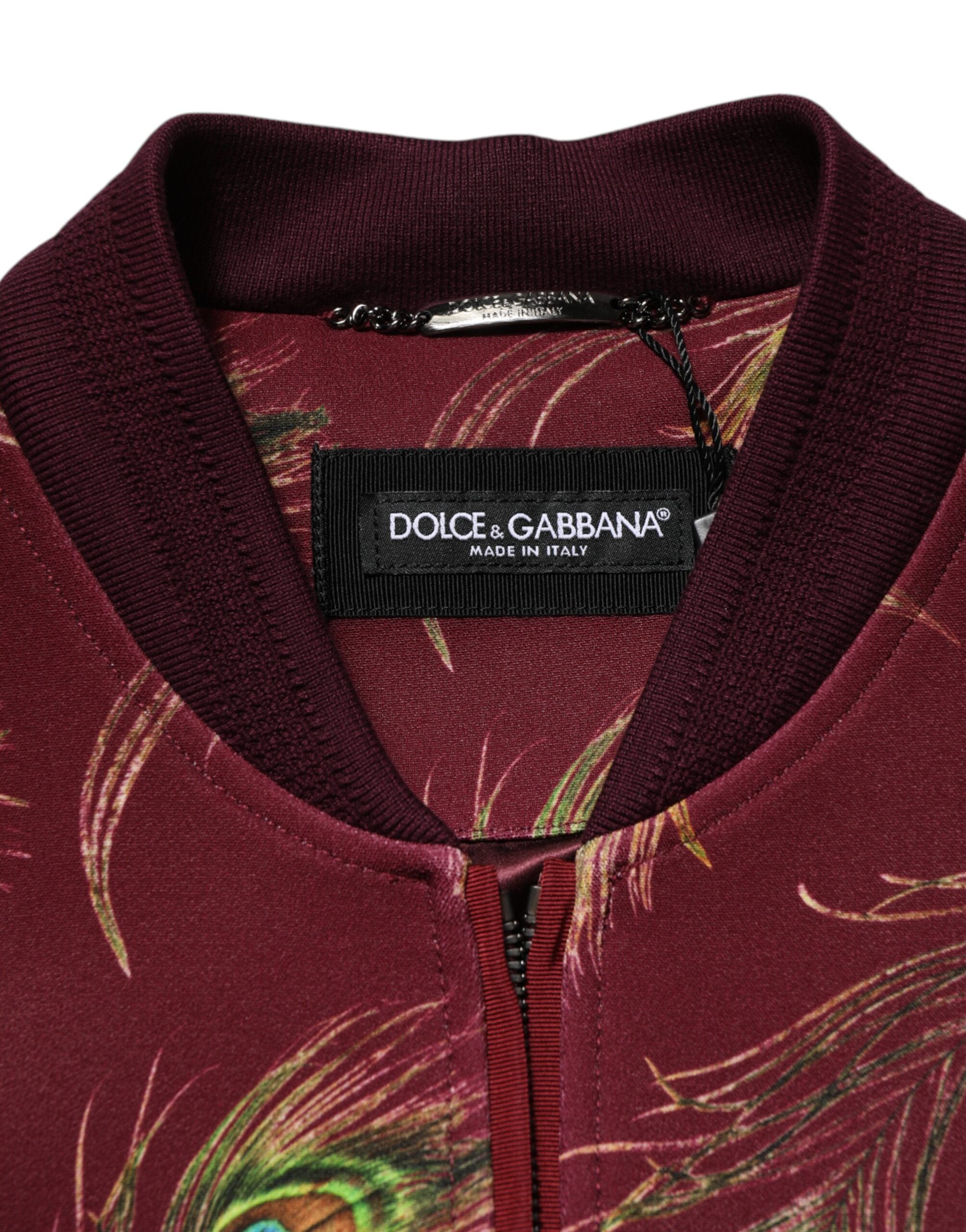 Maroon Peacock Feather Print Bomber Jacket - ventzia