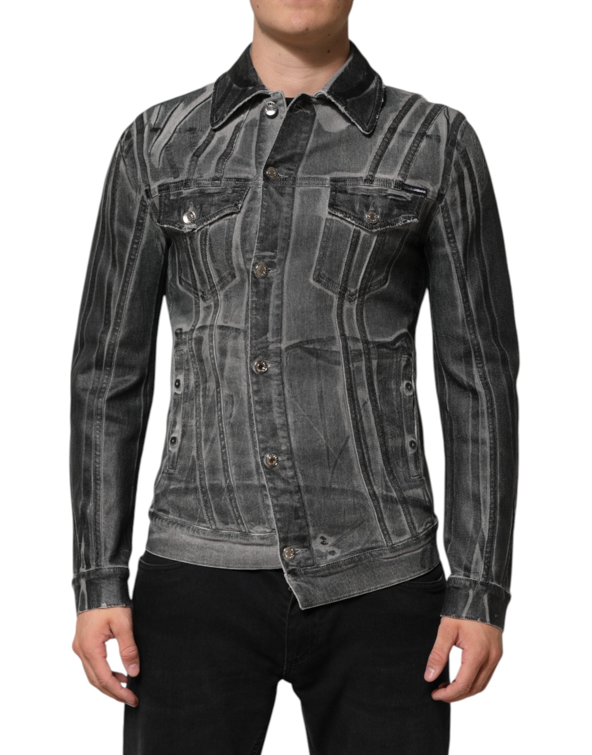 Gray Washed Cotton Stretch Denim Jacket - ventzia