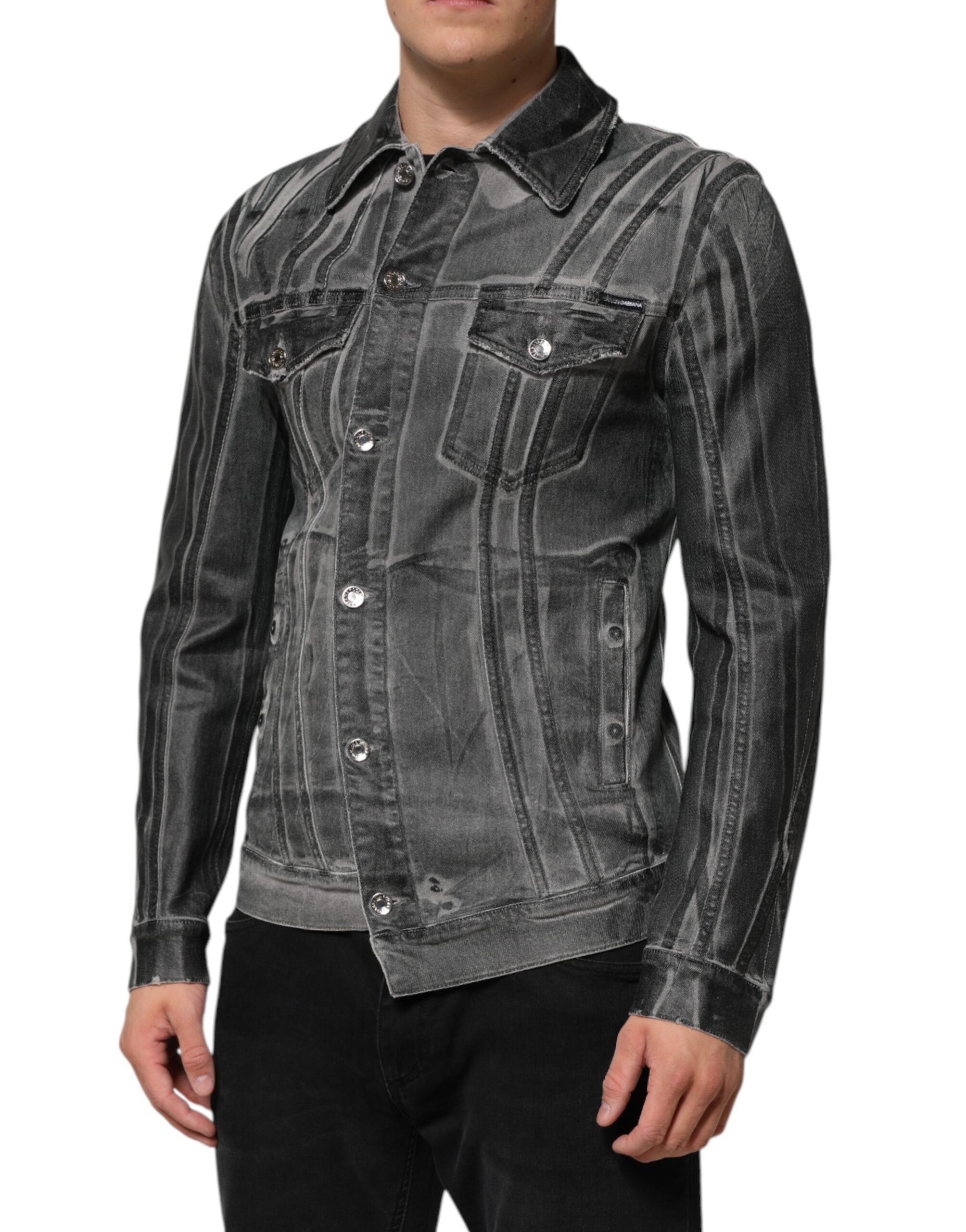 Gray Washed Cotton Stretch Denim Jacket - ventzia