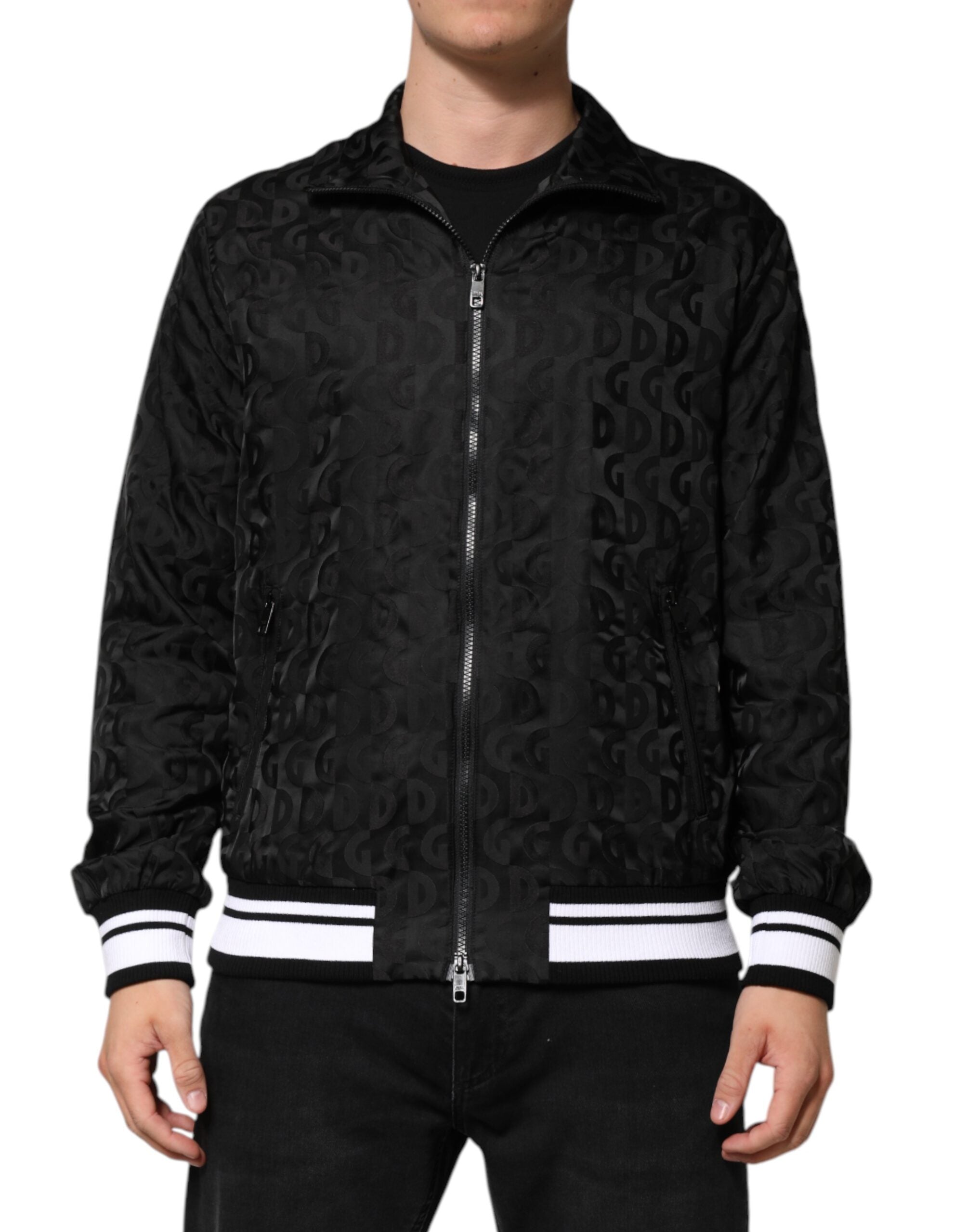 Black Jacquard Men Full Zip Bomber Sweater - ventzia