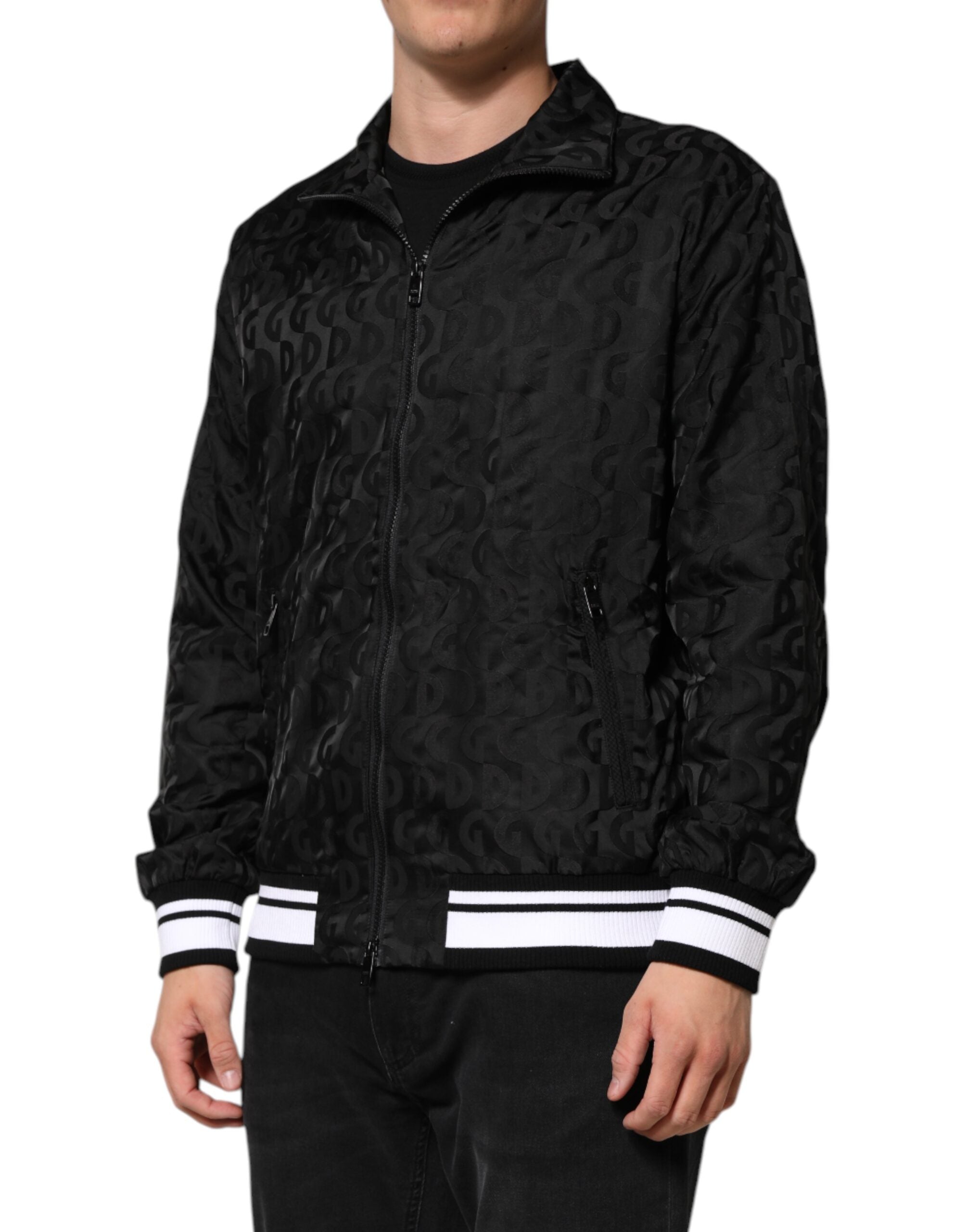 Black Jacquard Men Full Zip Bomber Sweater - ventzia