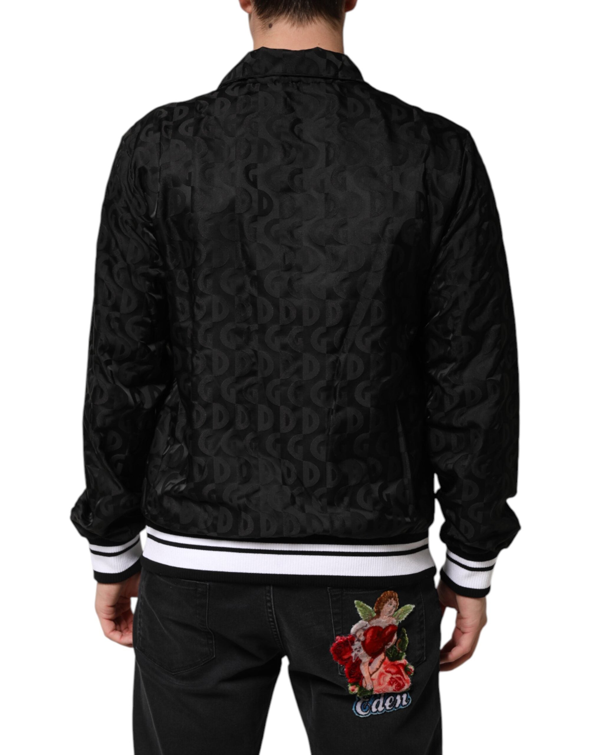 Black Jacquard Men Full Zip Bomber Sweater - ventzia