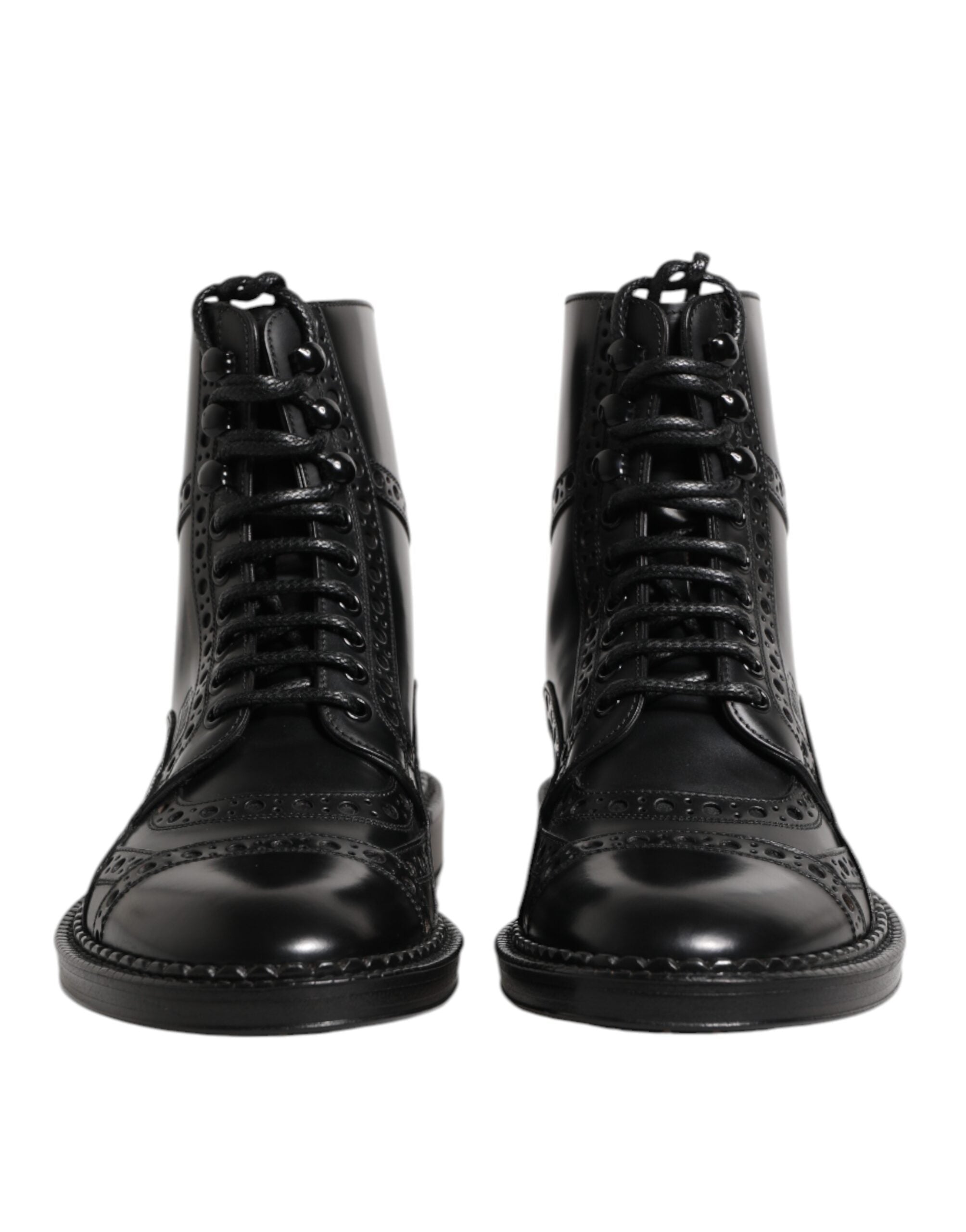 Black Leather Lace Up Mid Calf Boots Shoes - ventzia