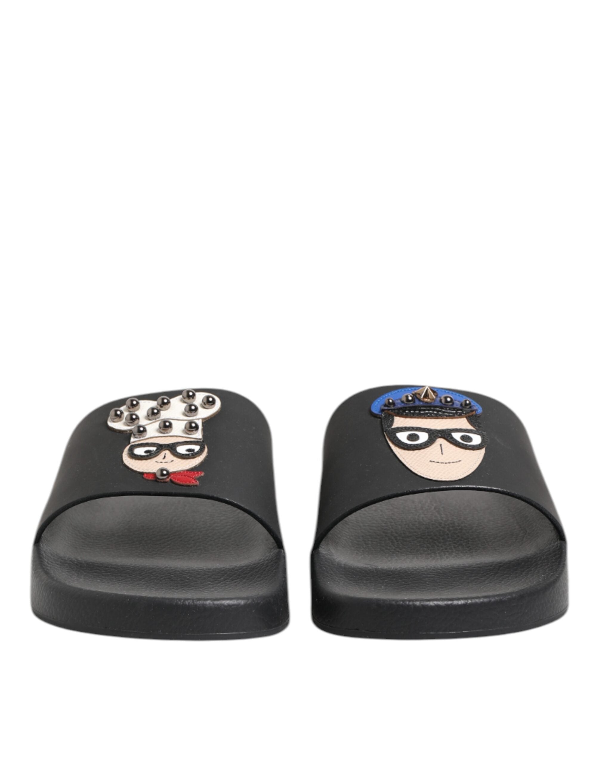 Black Leather Slides Flats Beachwear Shoes - ventzia