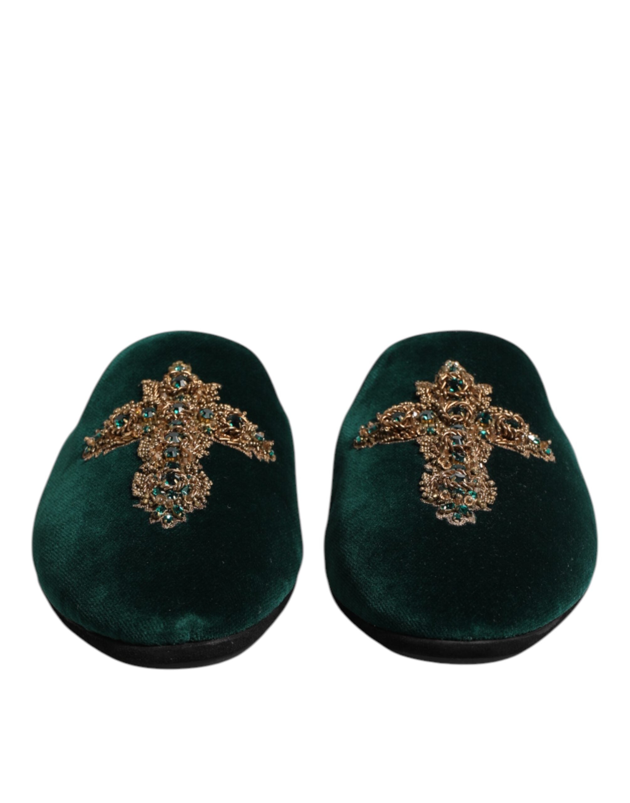 Green Velvet Cross Embellished Slippers Shoes - ventzia
