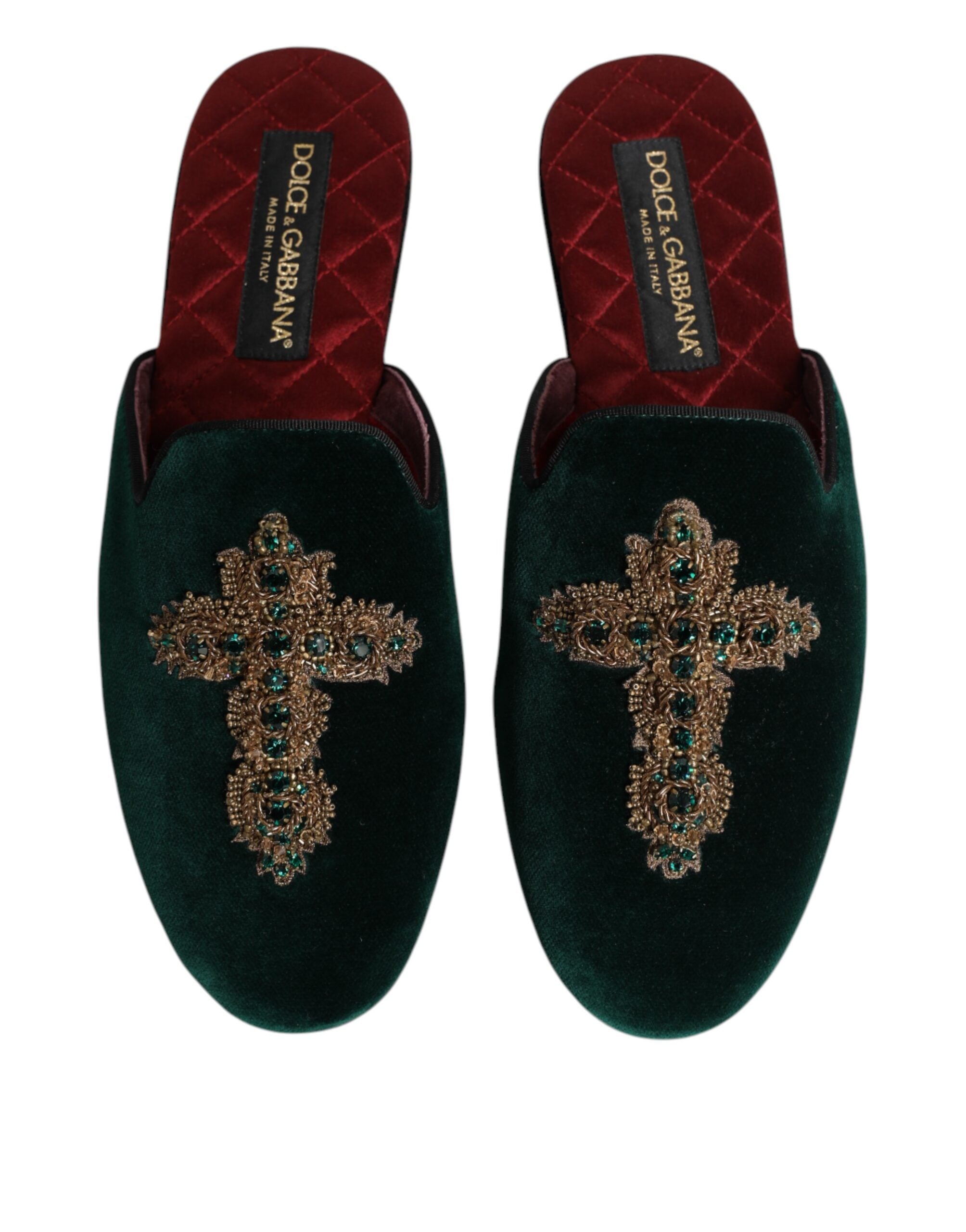 Green Velvet Cross Embellished Slippers Shoes - ventzia