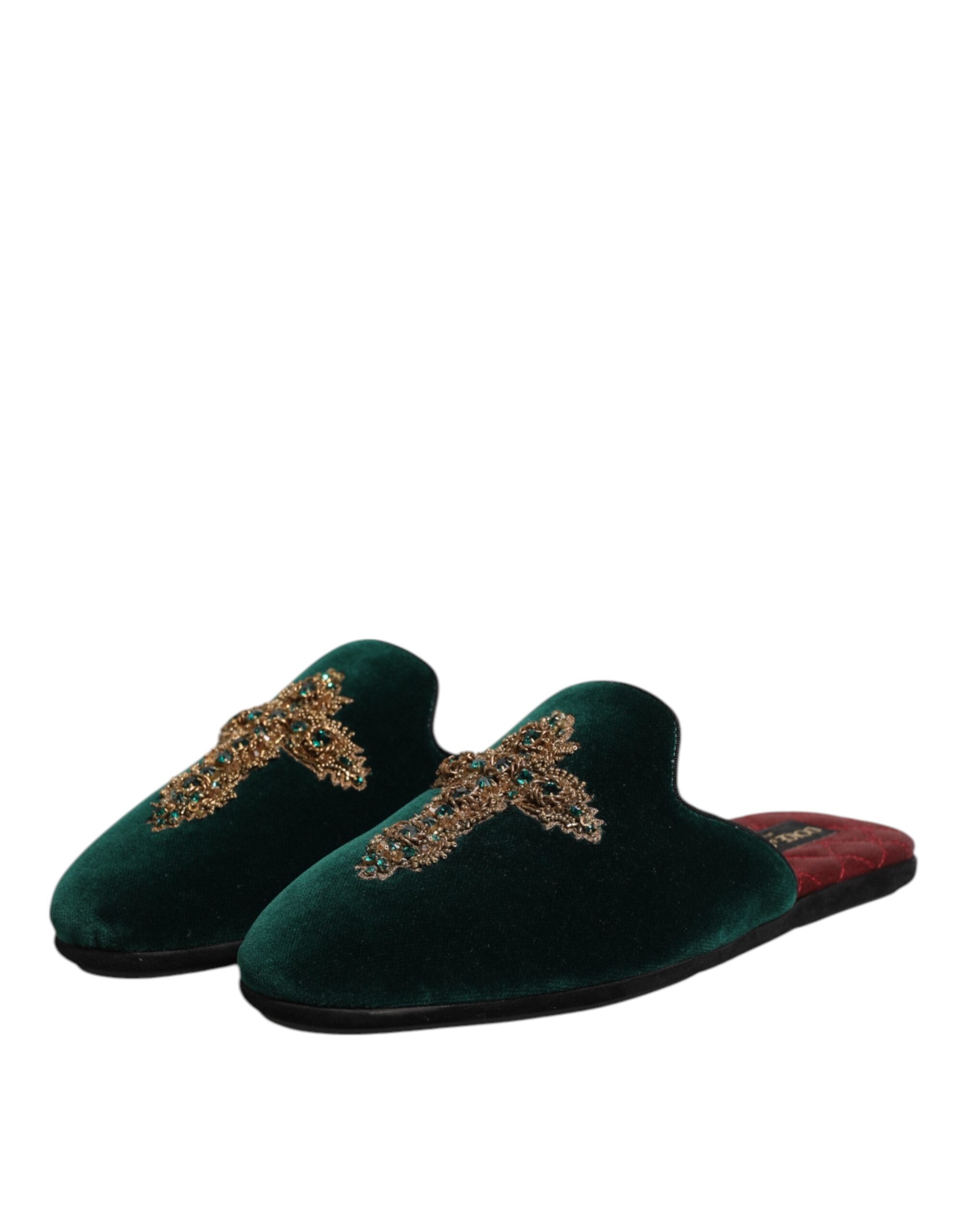 Green Velvet Cross Embellished Slippers Shoes - ventzia