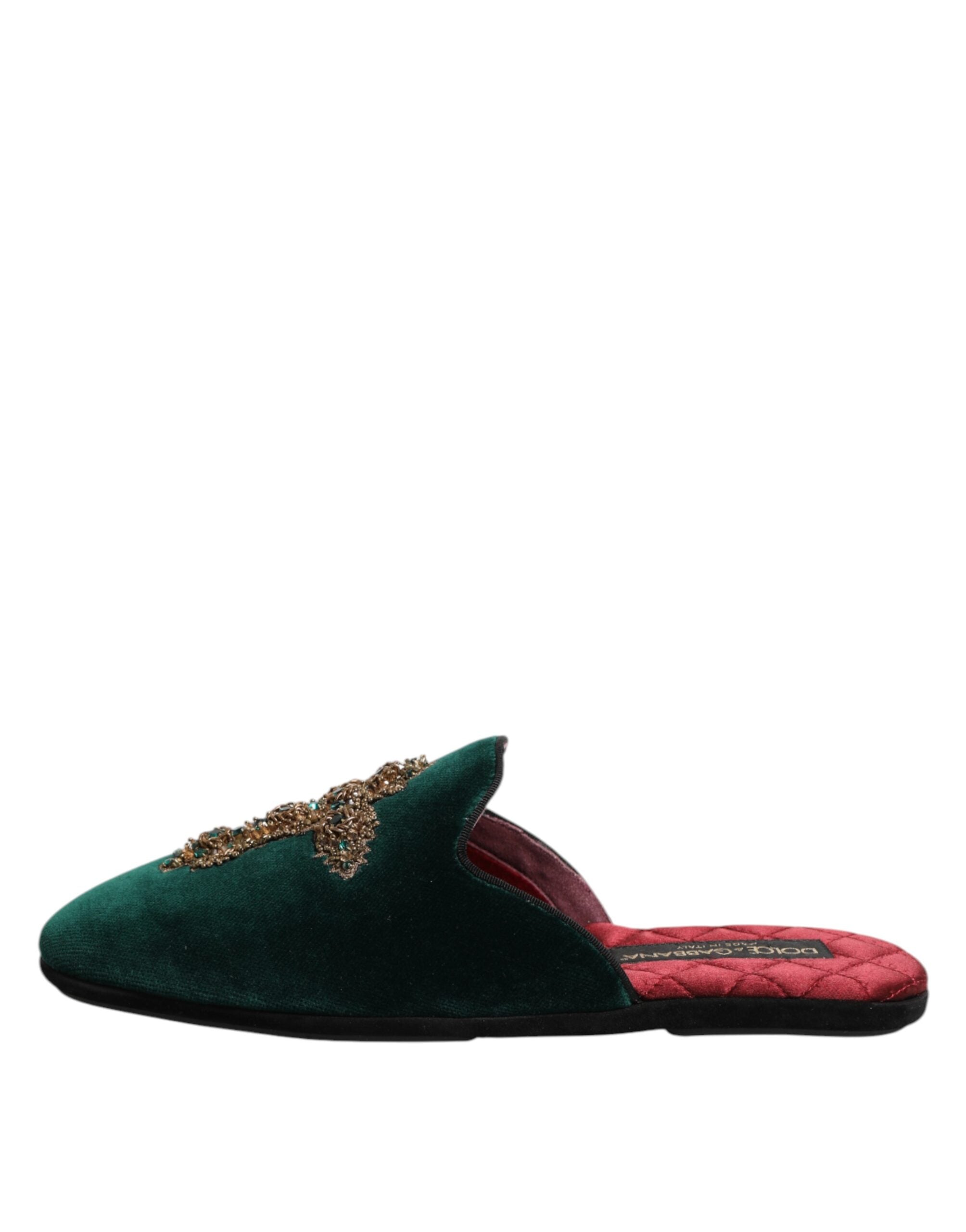 Green Velvet Cross Embellished Slippers Shoes - ventzia