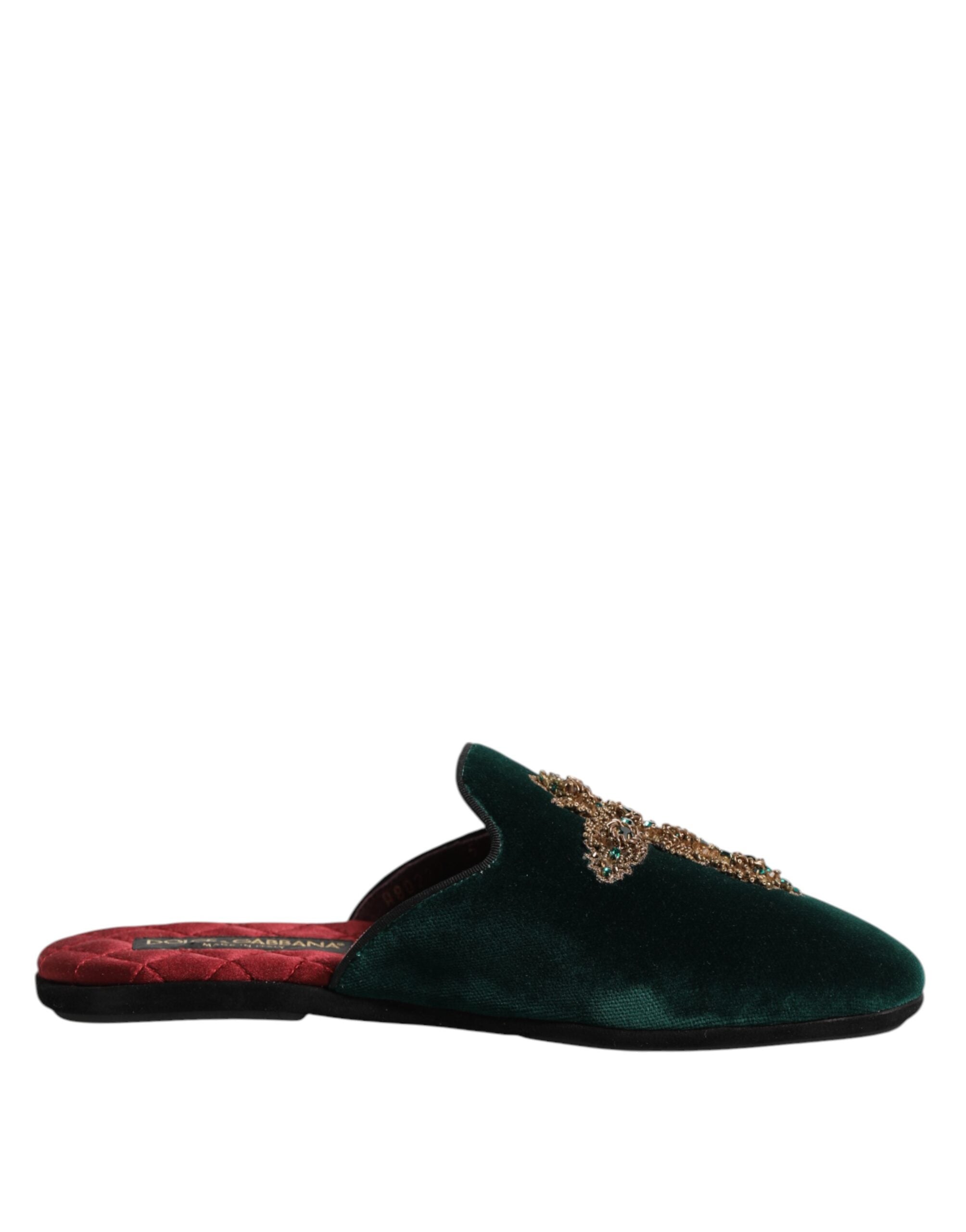 Green Velvet Cross Embellished Slippers Shoes - ventzia