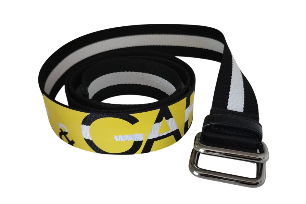 Black Yellow Logo Striped Metal Buckle Belt - ventzia