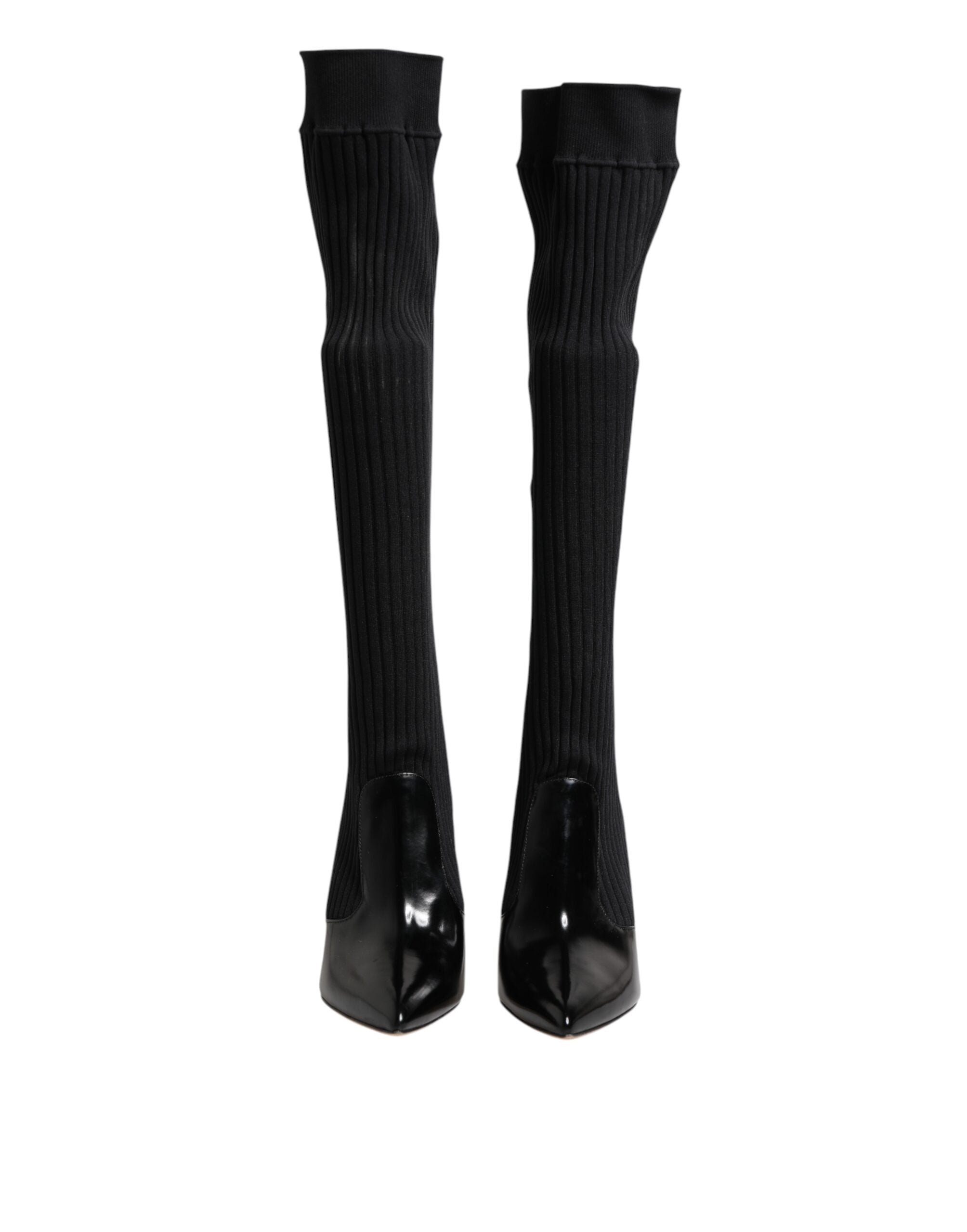 Black Leather Ribbed Knit Knee Boots Shoes - ventzia